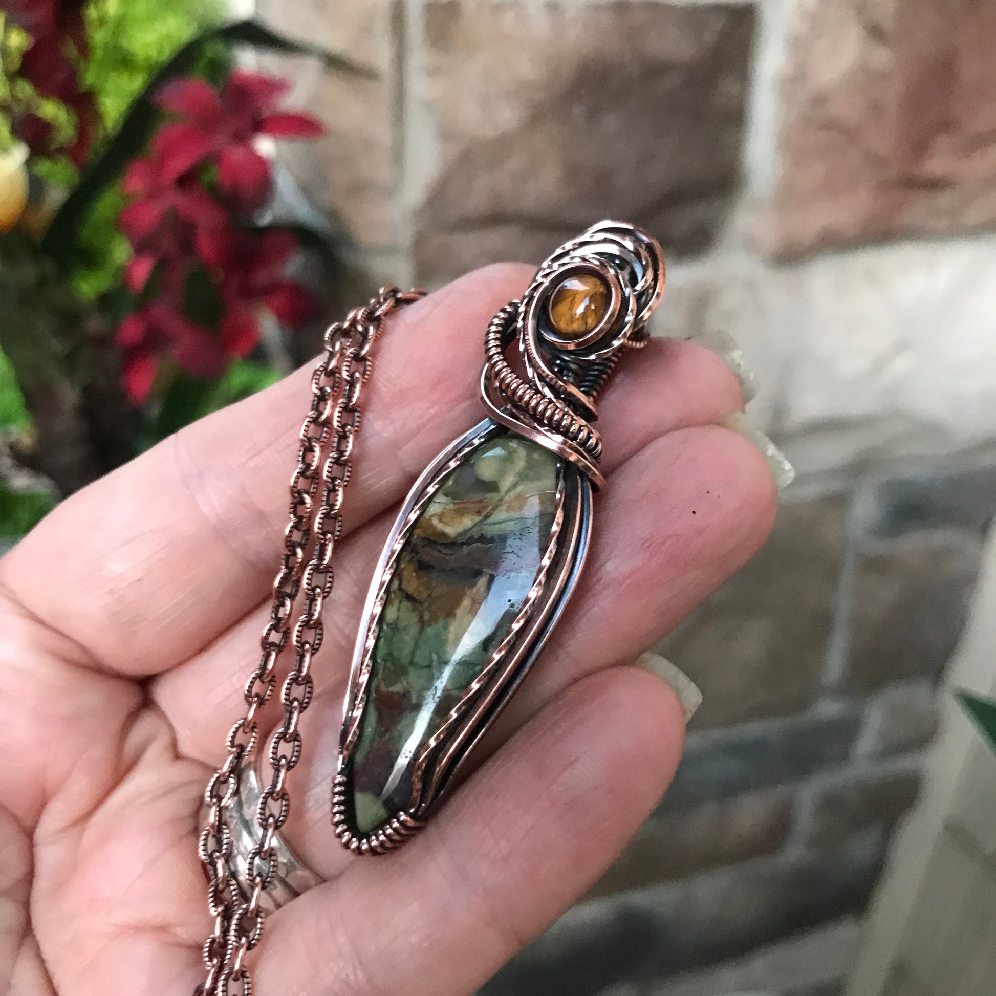 Rainforest Jasper & Tiger Eye Teardrop Copper Necklace