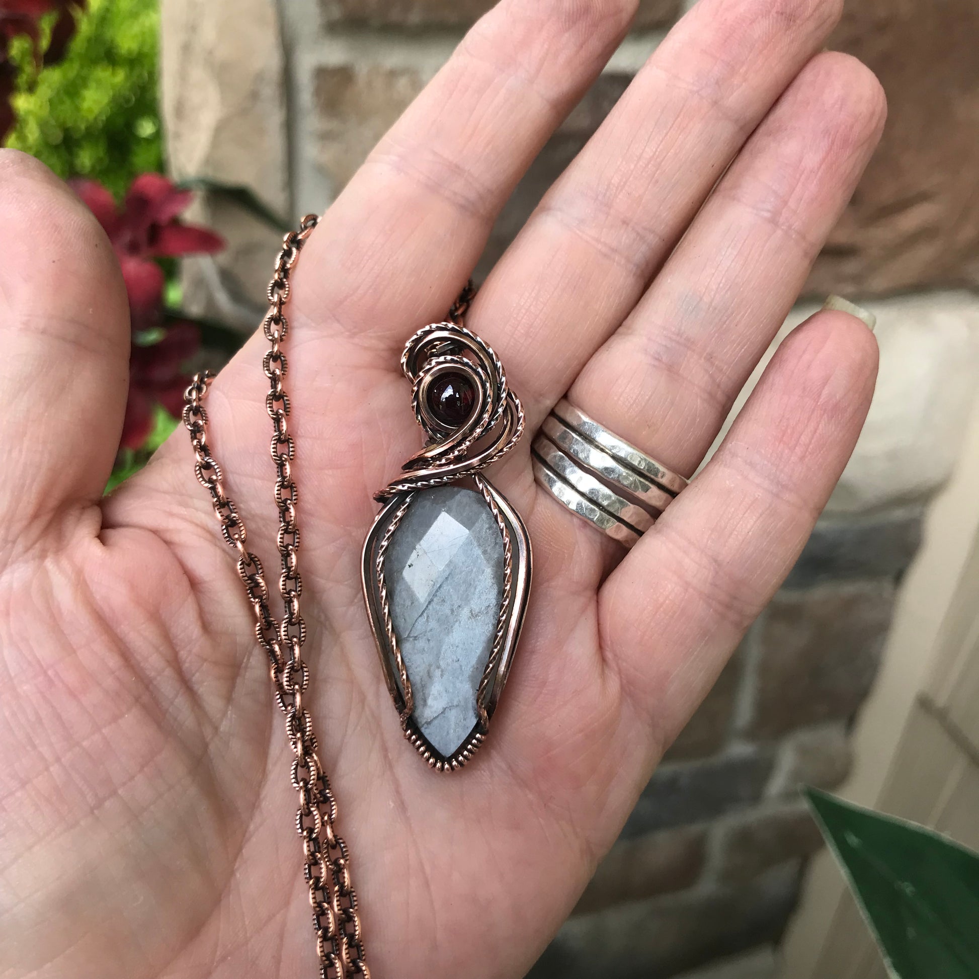 Gray Faceted Moonstone with Garnet Copper Necklace