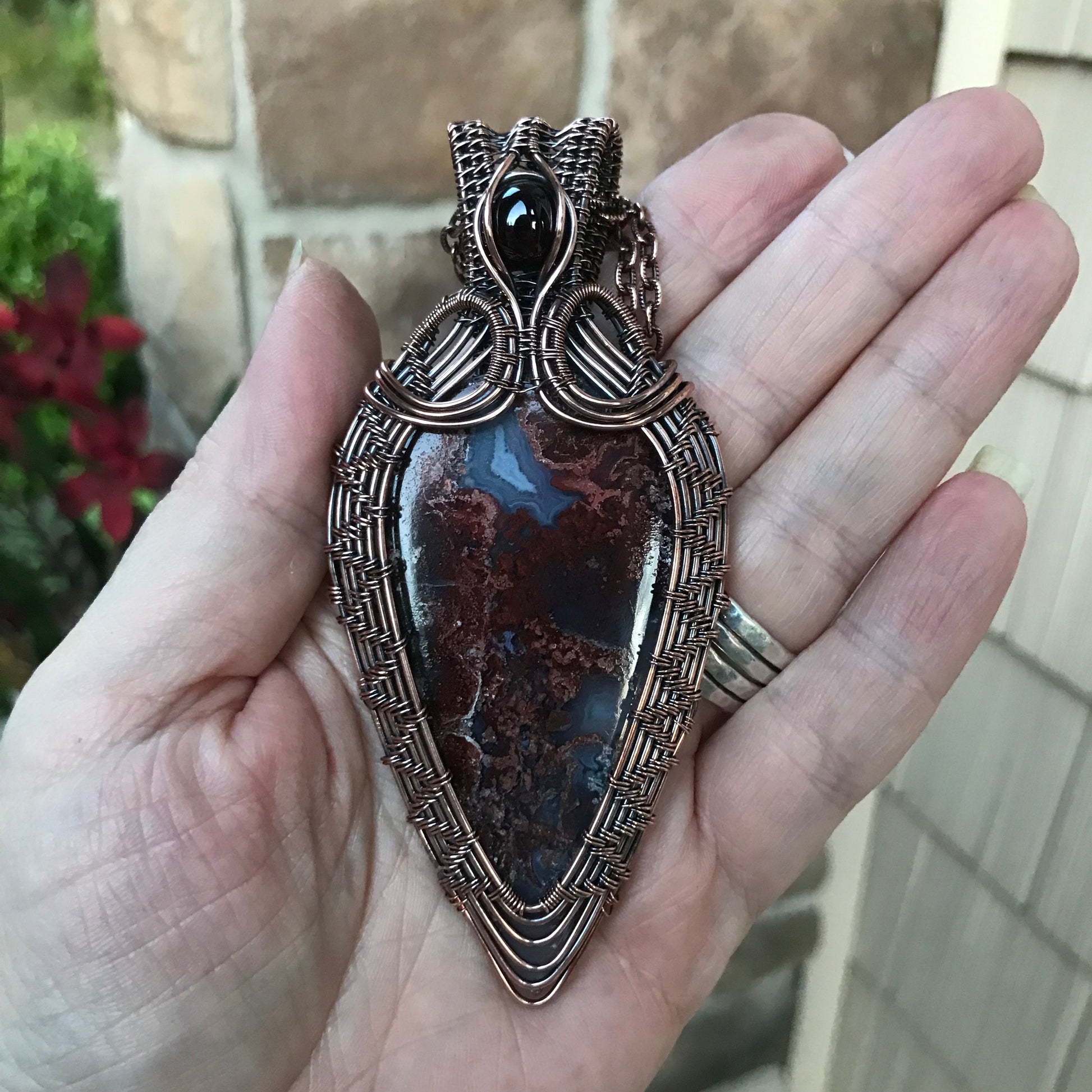 Red Moss Agate & Garnet Woven Statement Copper Pendant