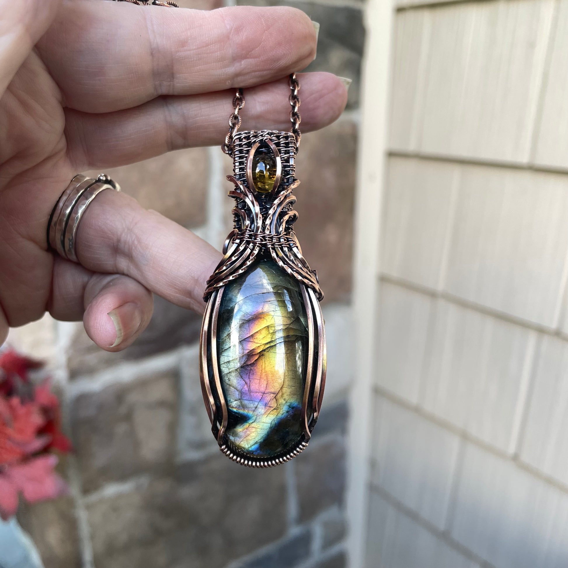 Rainbow Labradorite & Citrine Copper Necklace with Woven Bail