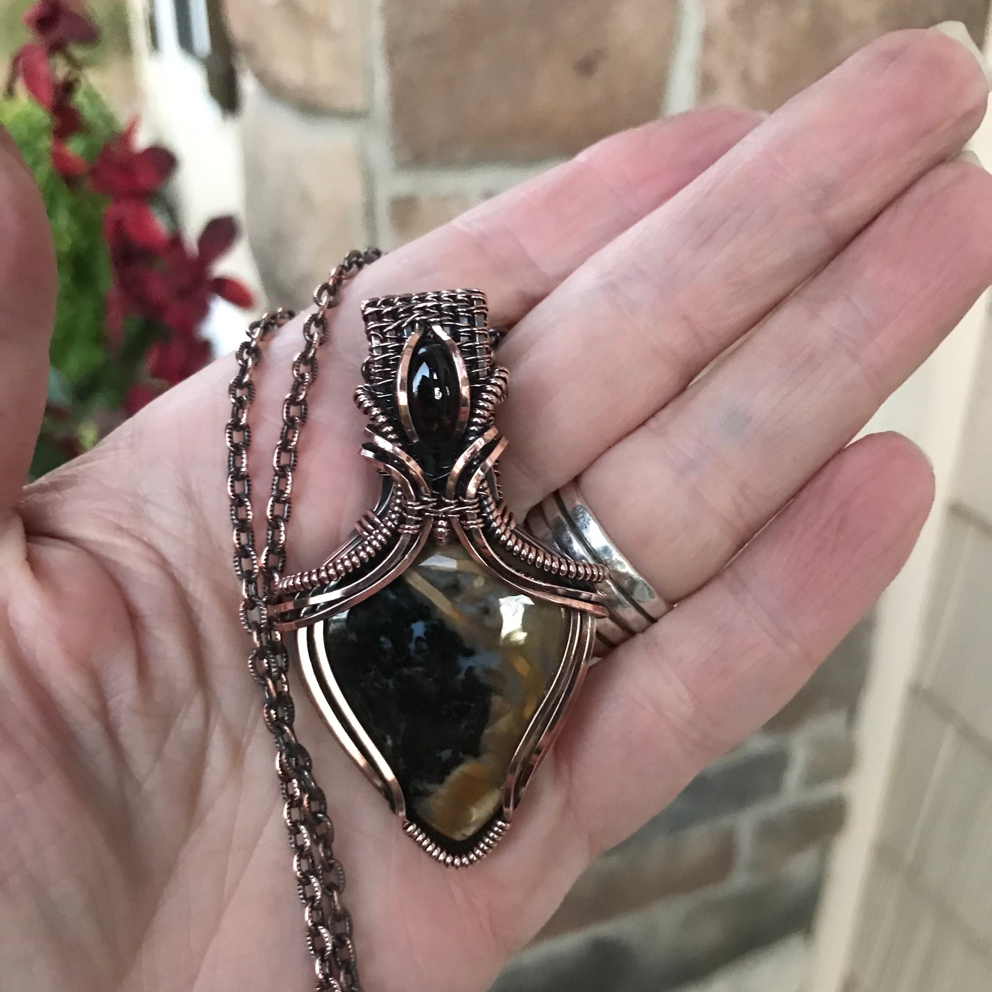 Petrified Palm Root Agate & Garnet Copper Necklace