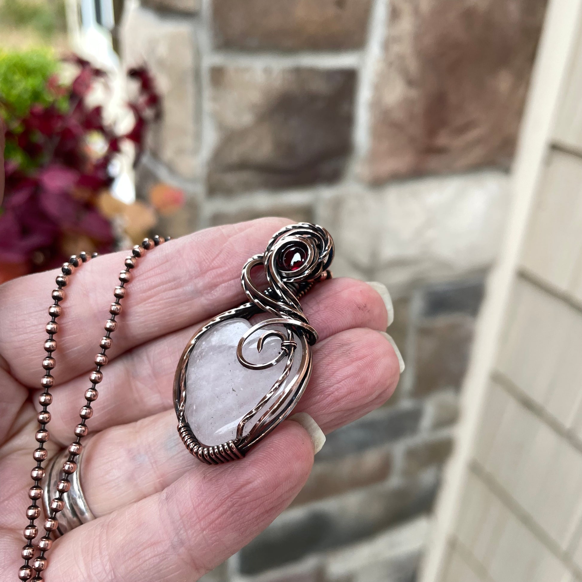 Rose Quartz & Garnet Heart Copper Pendant