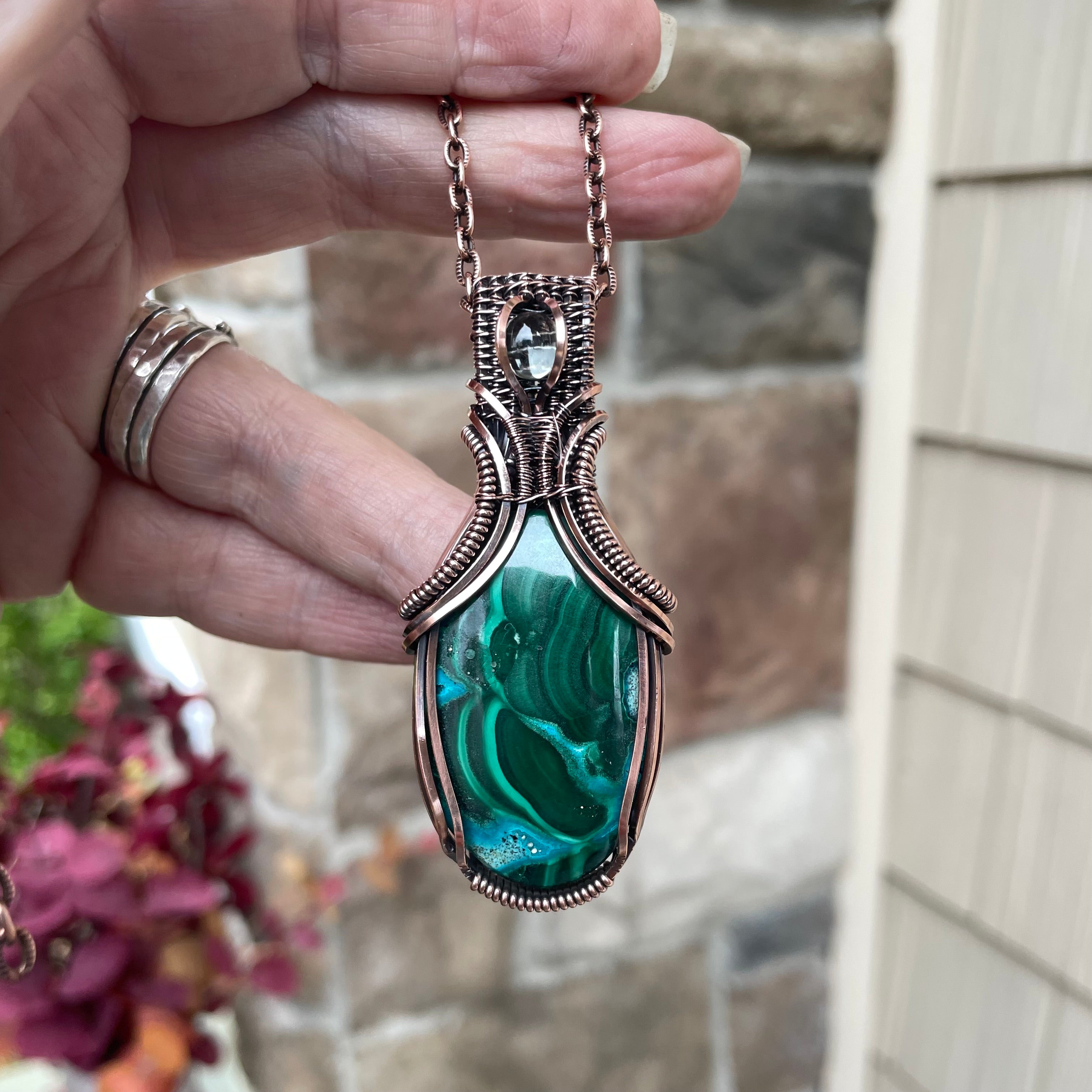 Malachite Chrysocolla & Prasiolite Copper Pendant with Weaving