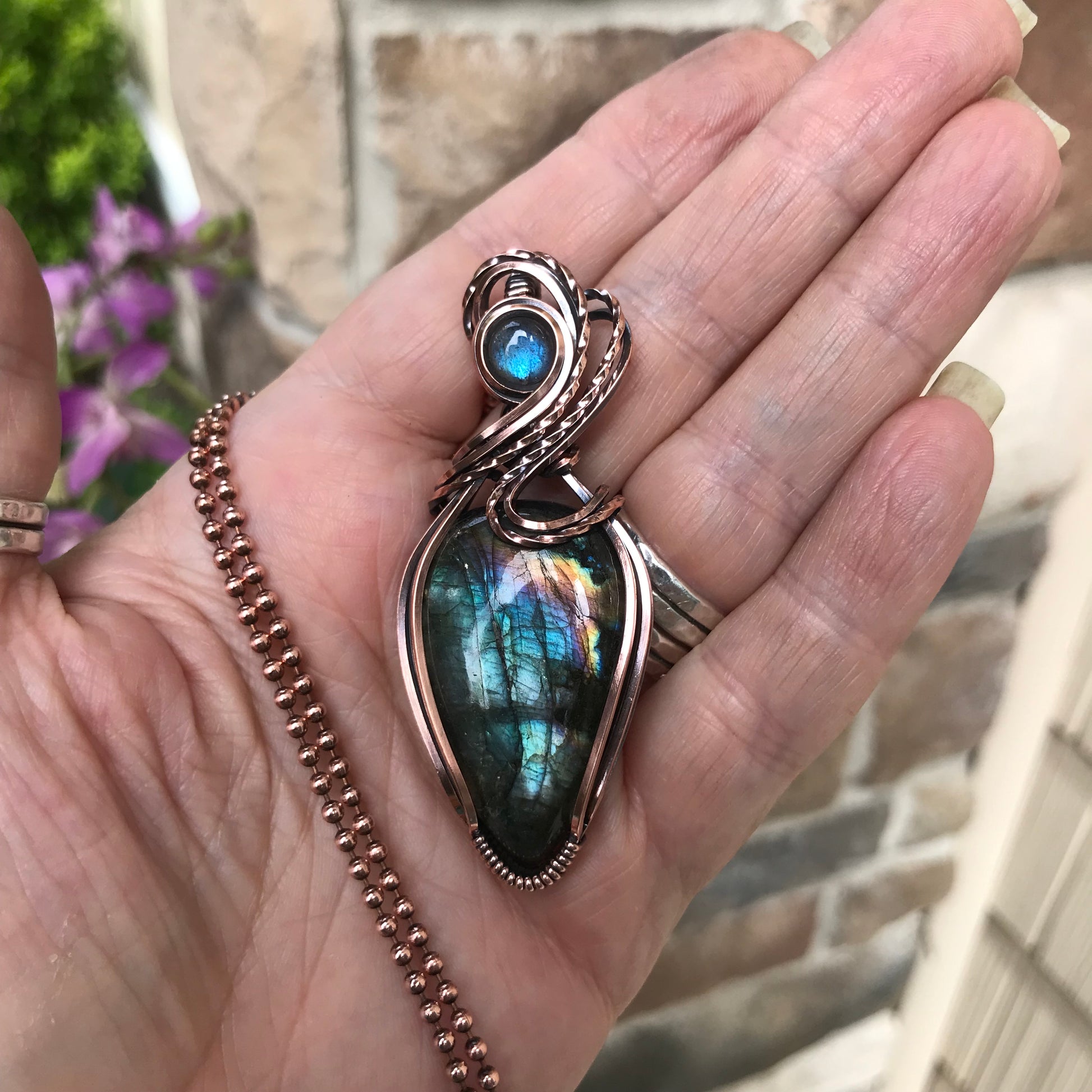 Teal Rainbow Labradorite Copper Pendant