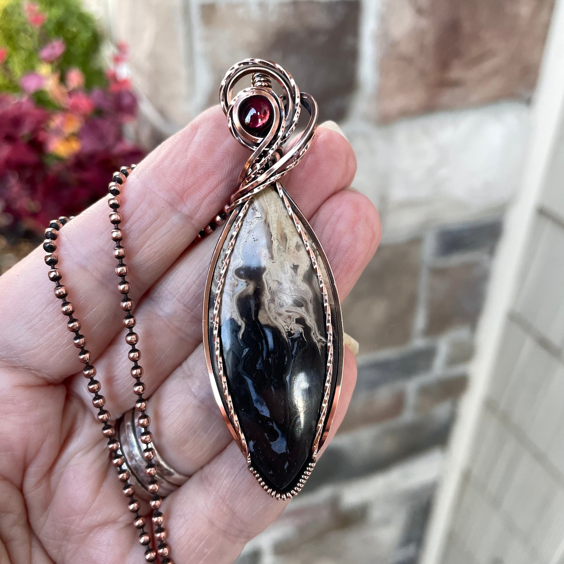 Petrified Palm Wood & Garnet Marquis Copper Necklace