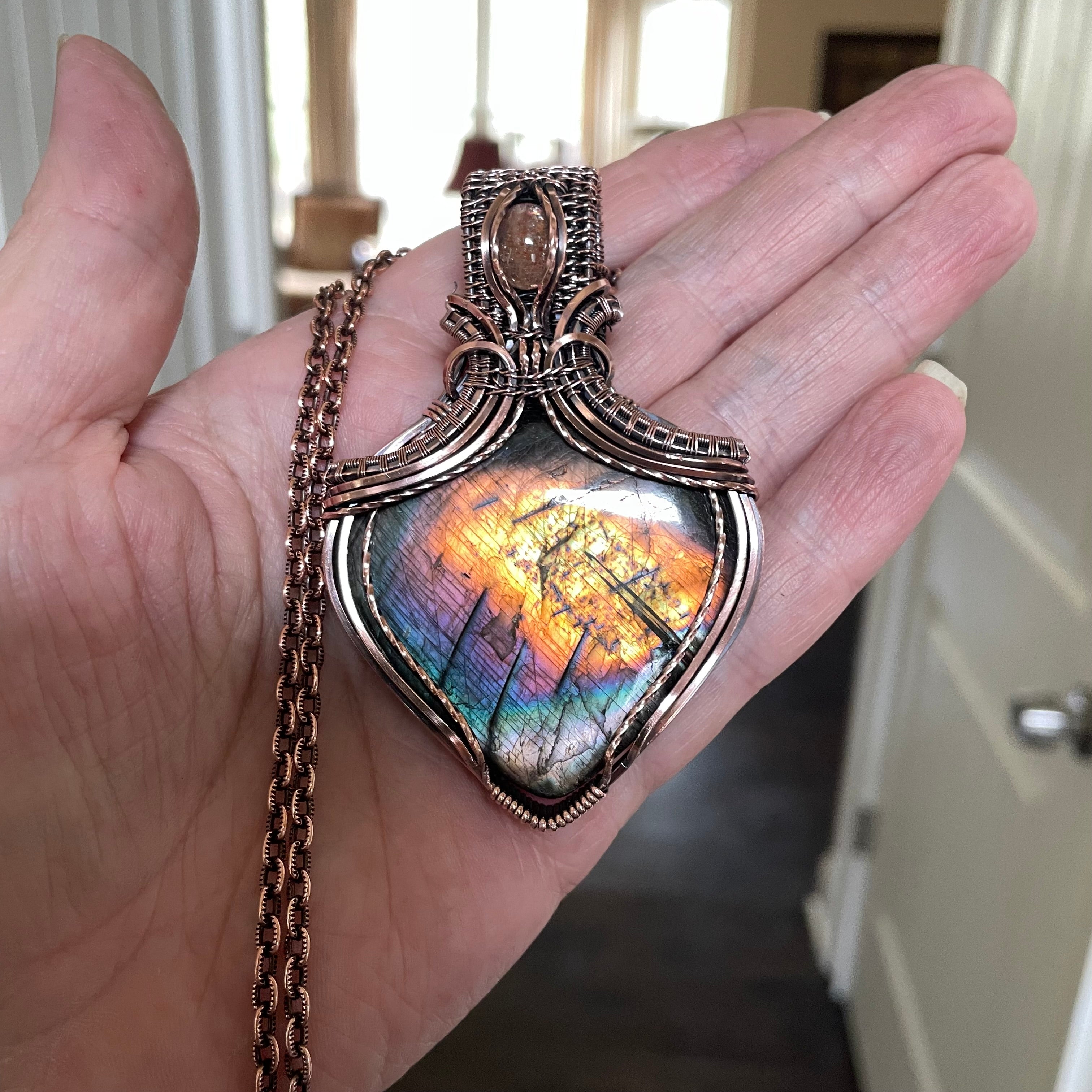 Orange Rainbow Labradorite & Sunstone Copper Necklace with Weaving