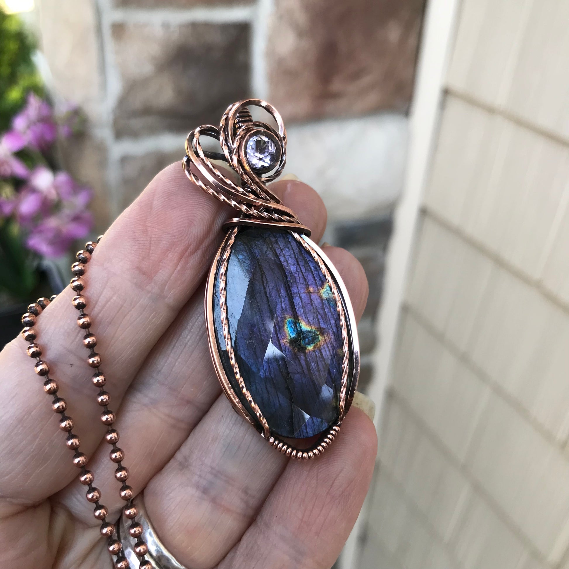 Faceted Purple Oval Labradorite & Pink Amethyst Copper Pendant