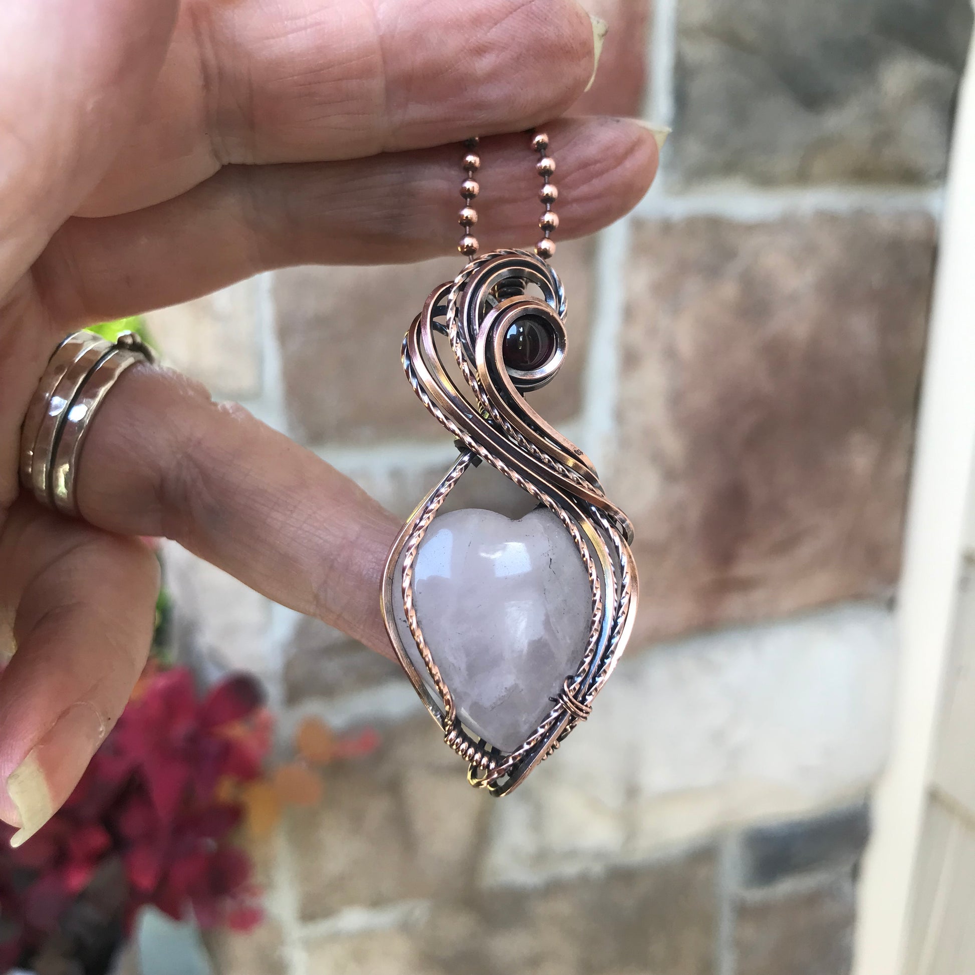 Rose Quartz with Garnet Heart Copper Pendant