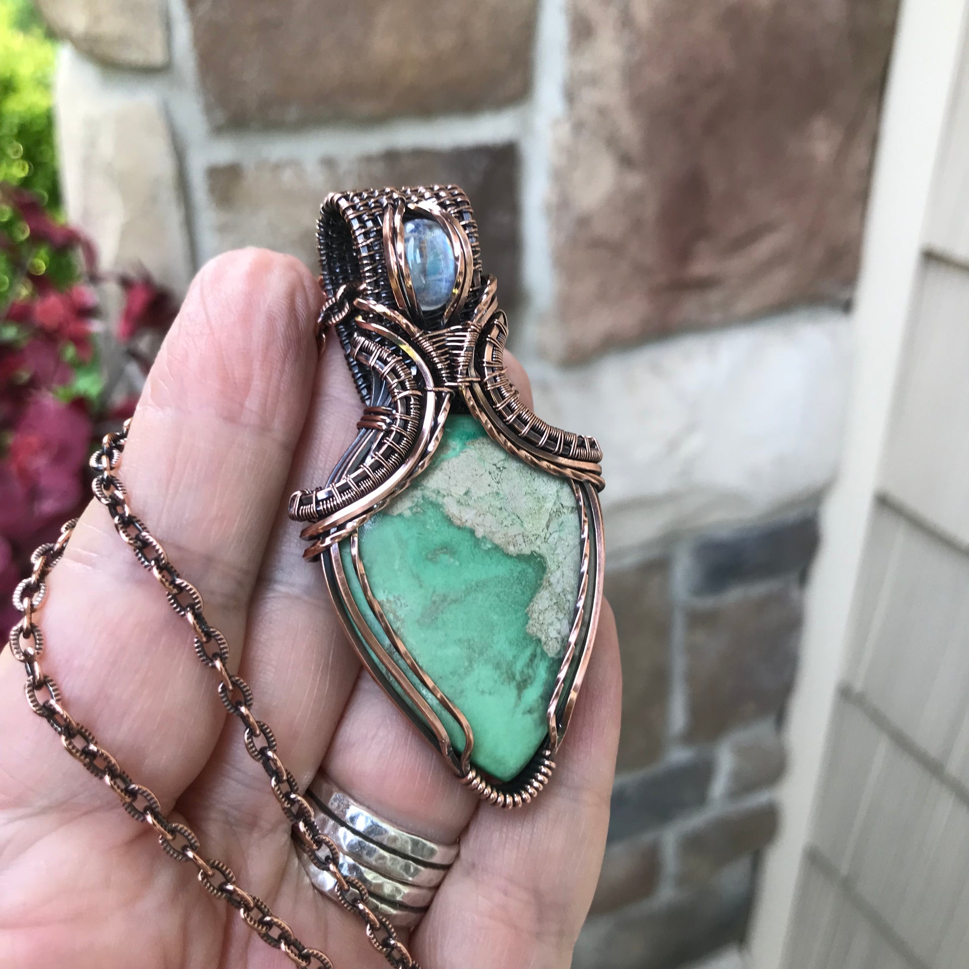 Variscite & Moonstone Copper Pendant with Weaving