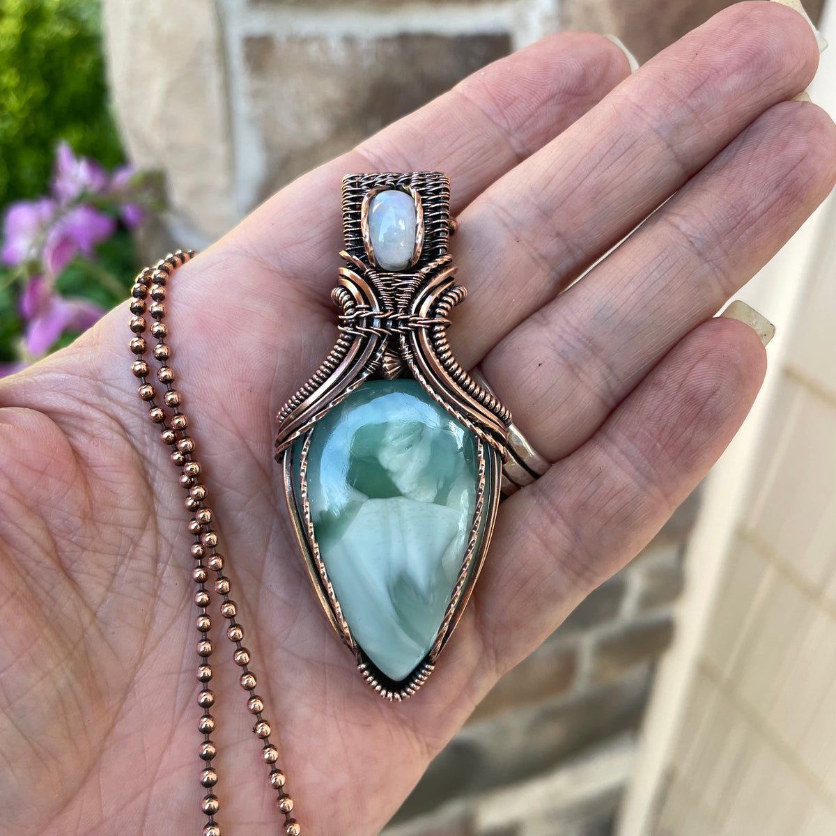 Larimar & Moonstone Copper Pendant with Weaving