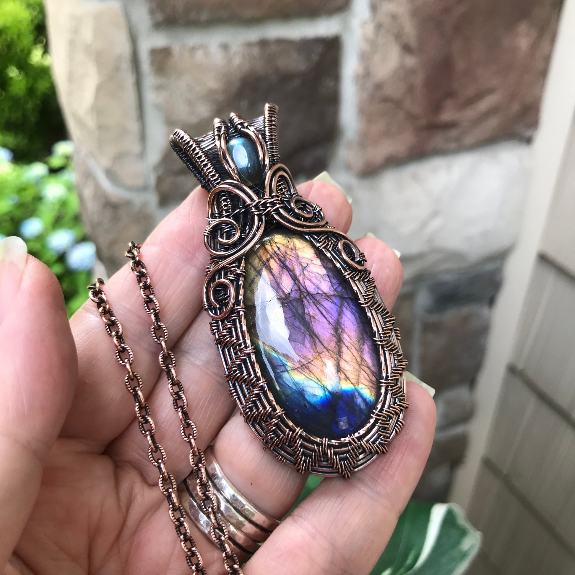 Rainbow Labradorite Woven Copper Pendant