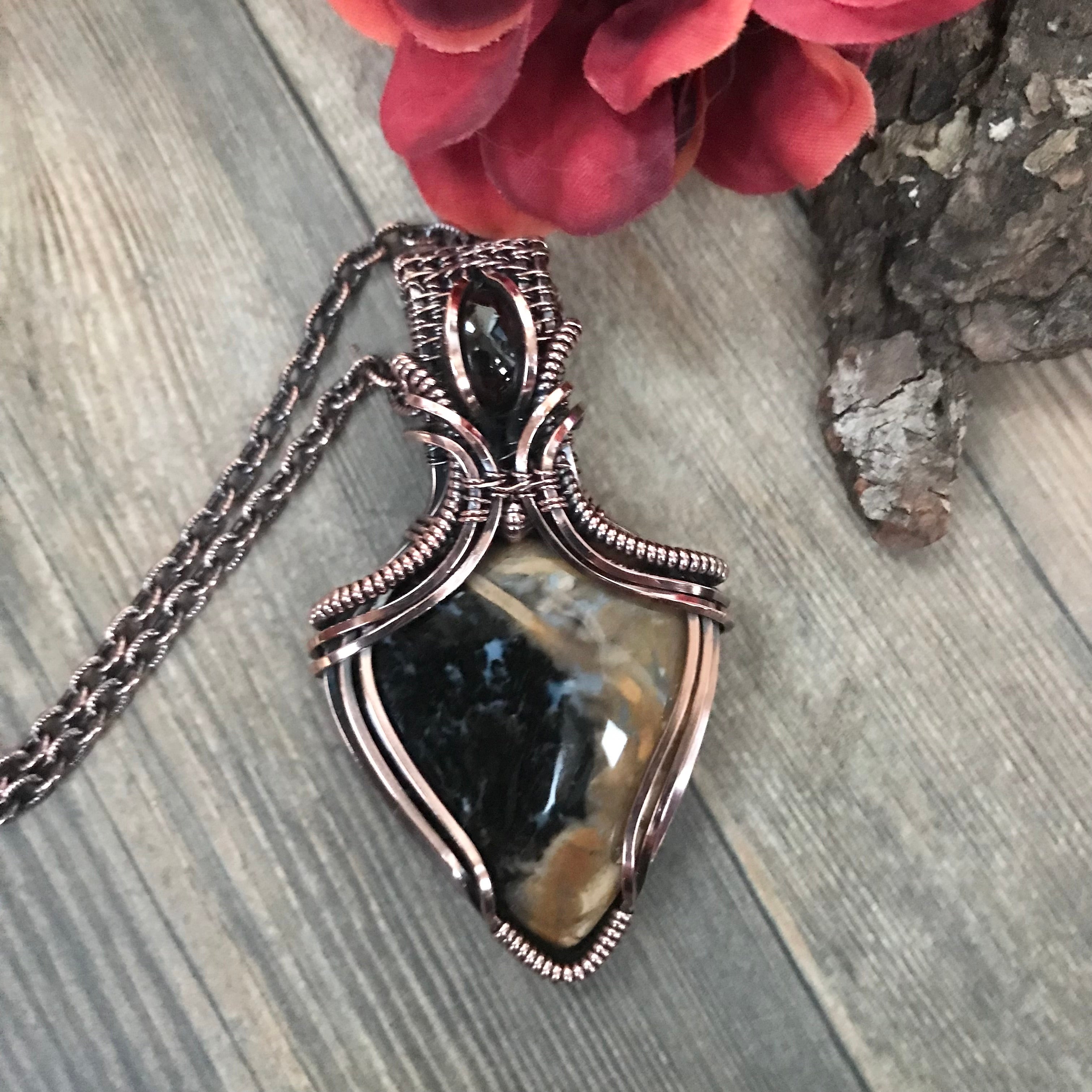 Petrified Palm Root Agate & Garnet Copper Necklace