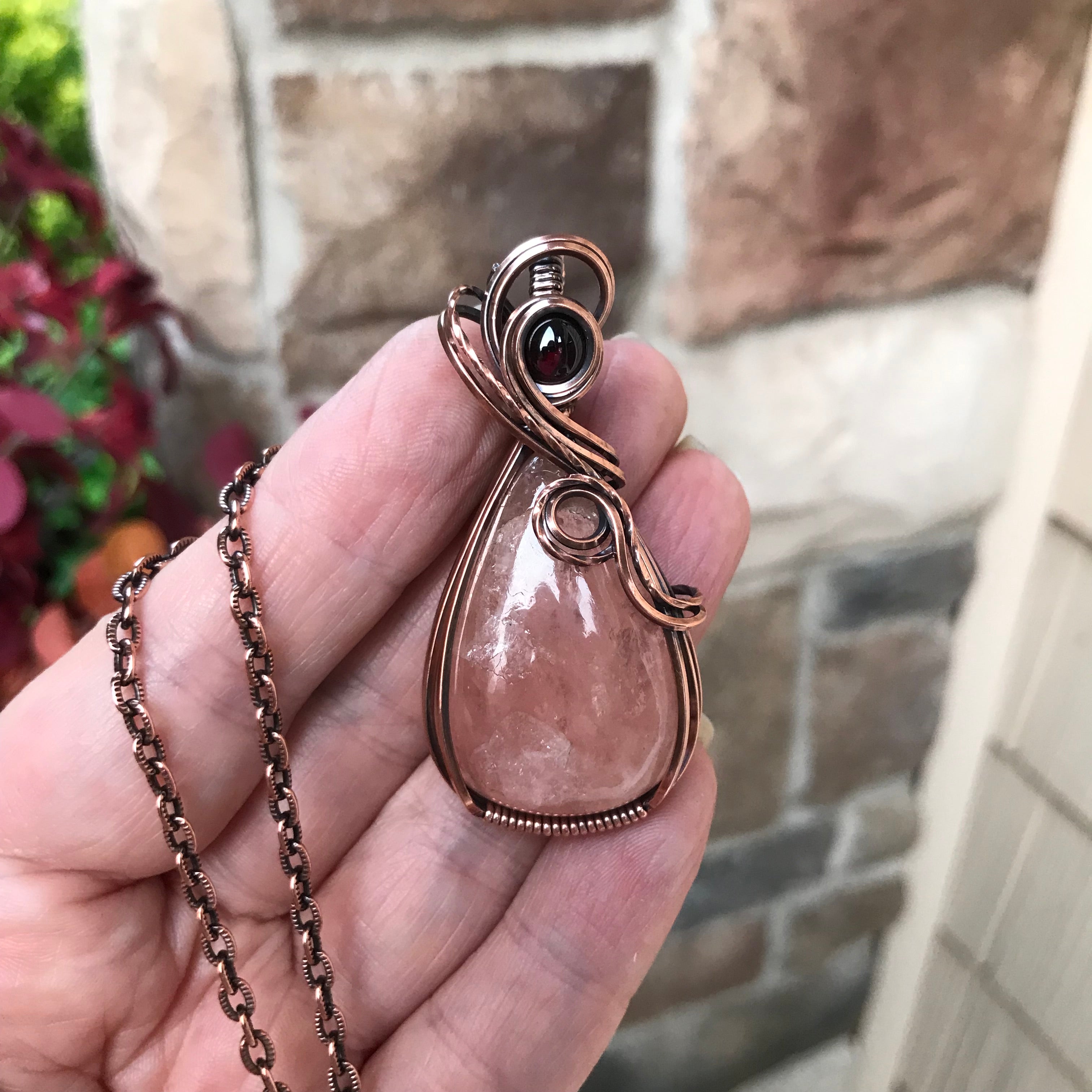 Morganite & Garnet Copper Swirly Necklace