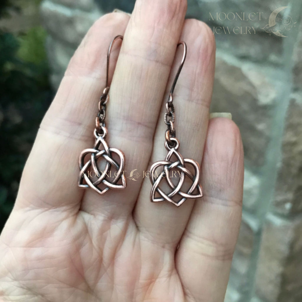 celtic trinity sister knot open heart copper earrings