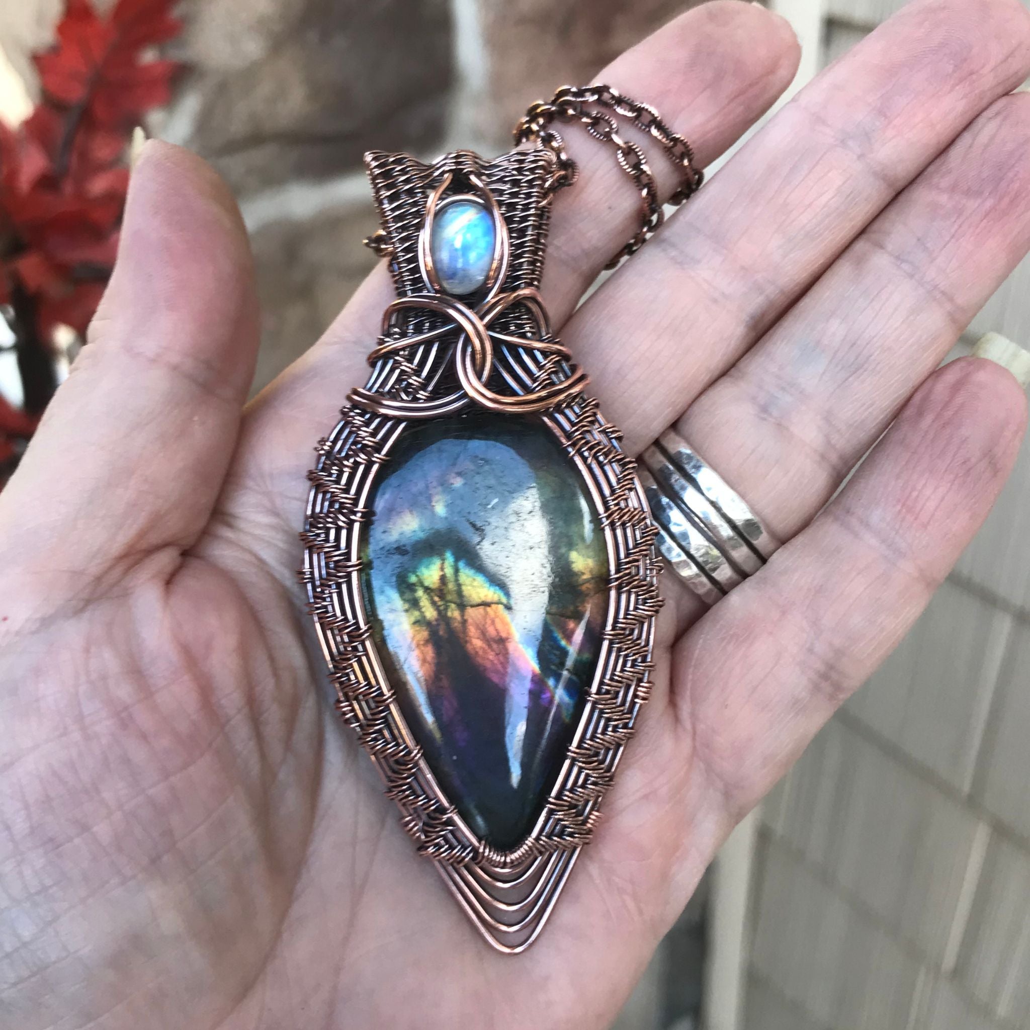 Rainbow Labradorite & Moonstone Copper Wire Weave Pendant