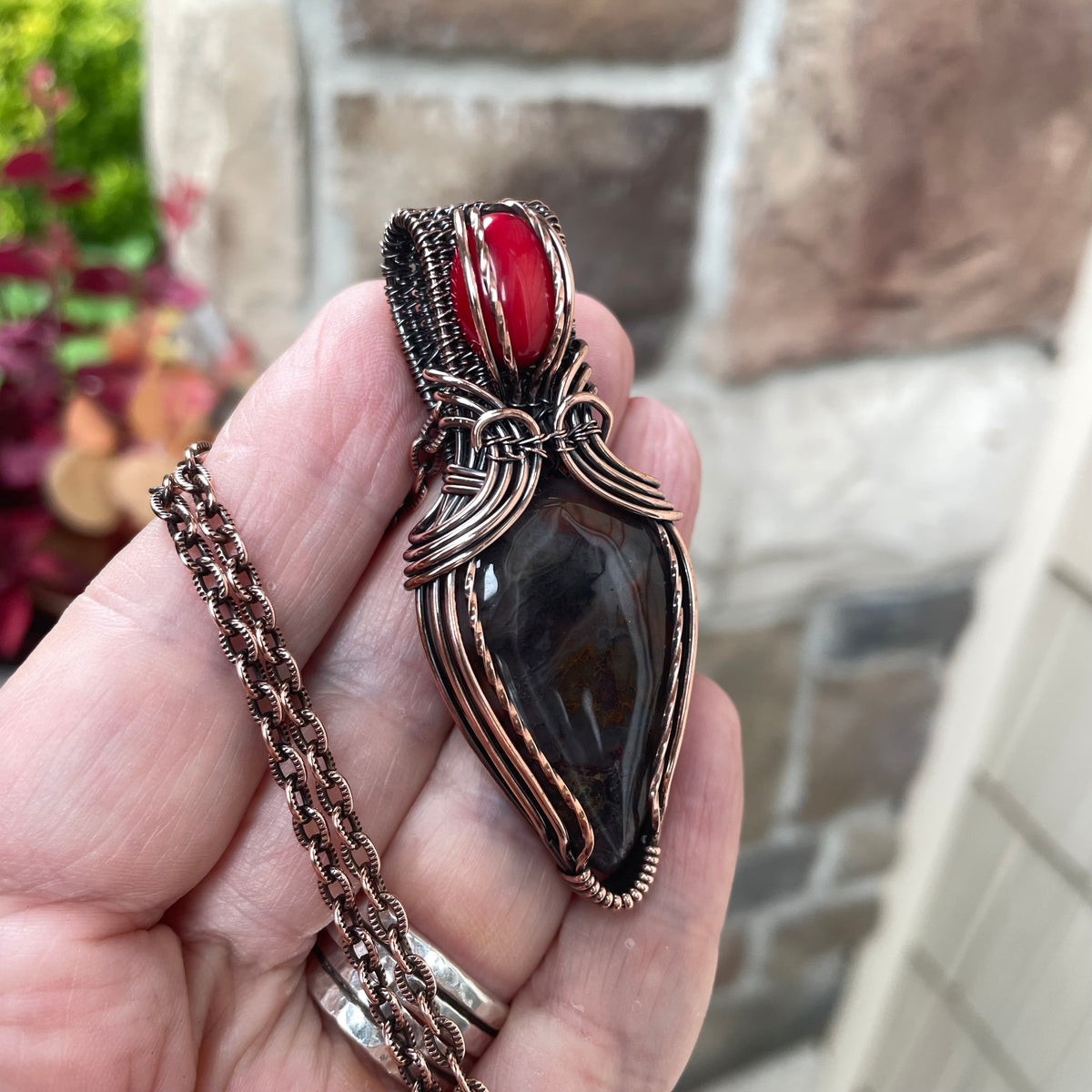 Red Moss Agate & Coral Copper Pendant with Weaving