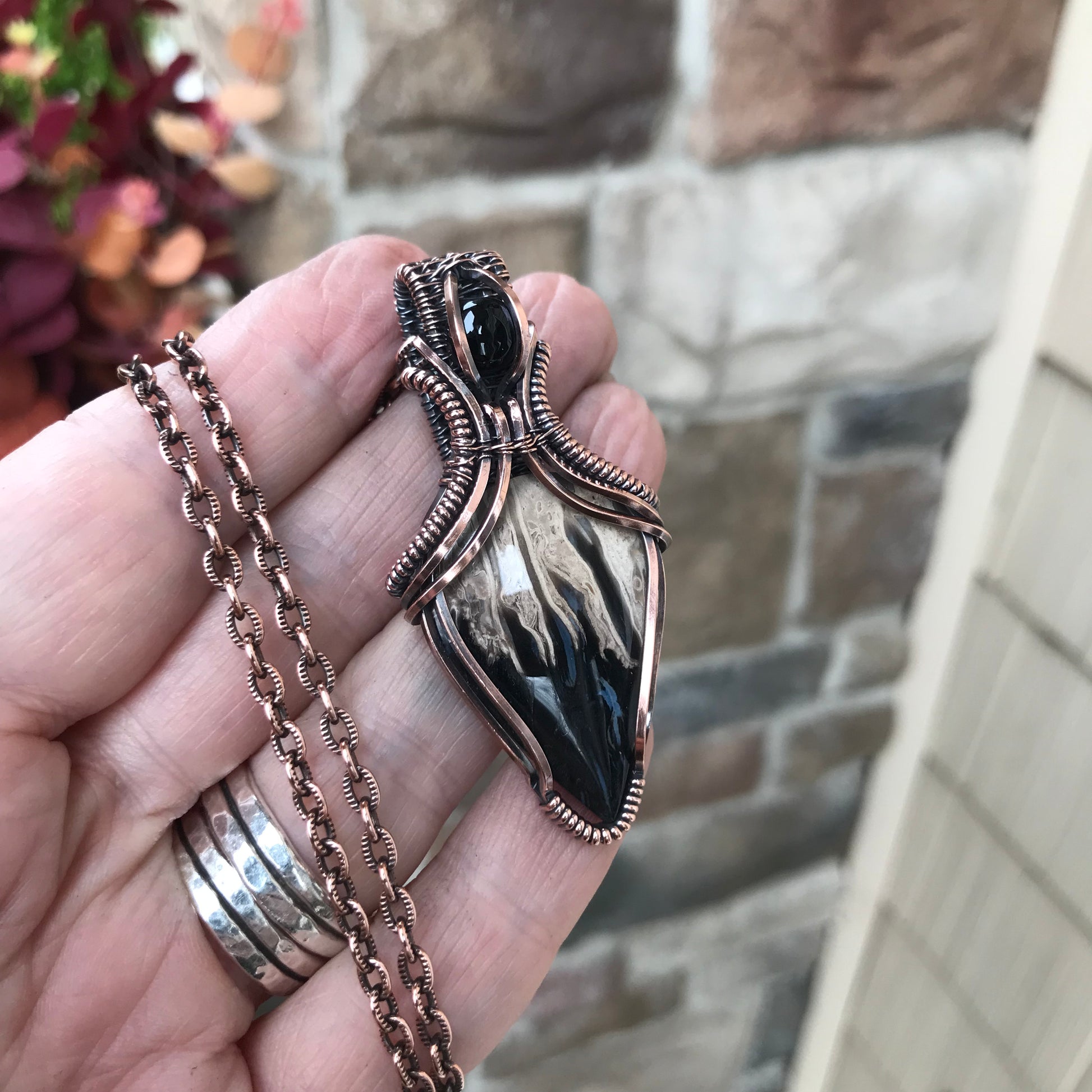Petrified Palm Wood & Onyx Copper Necklace with Weaving