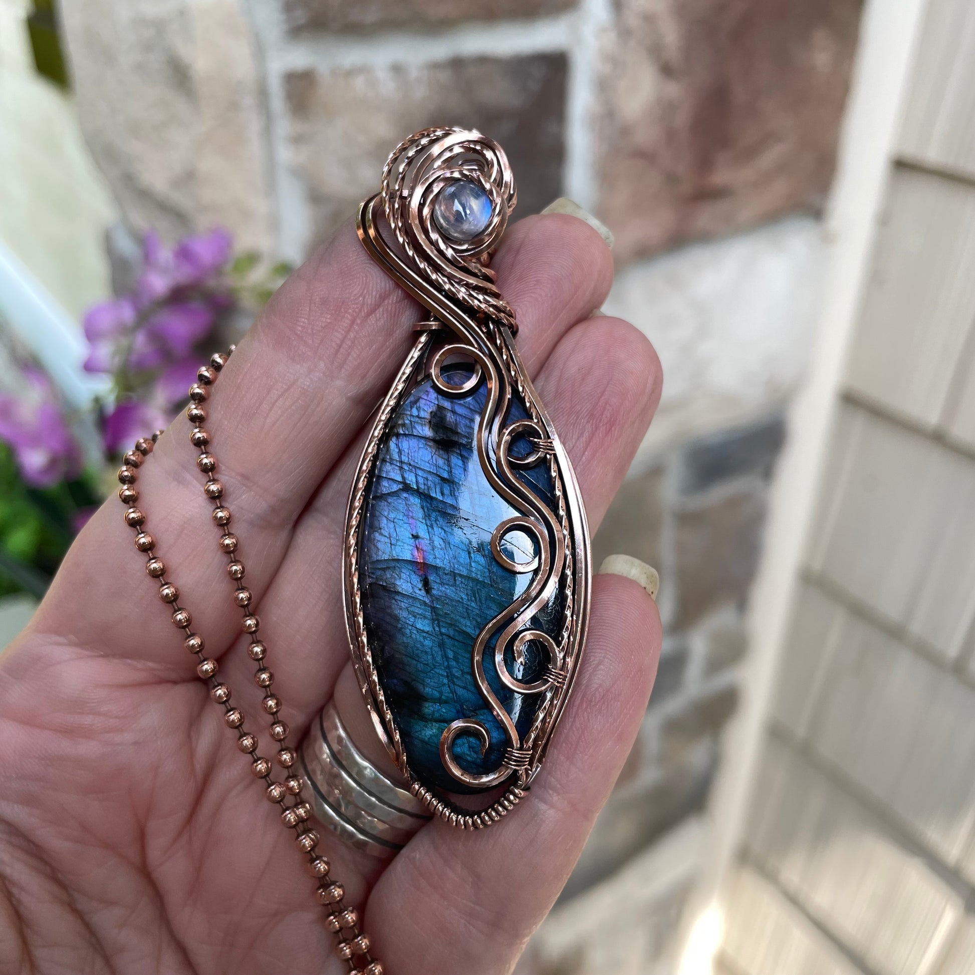 Blue Oval Slender Labradorite & Moonstone Swirly Copper Pendant