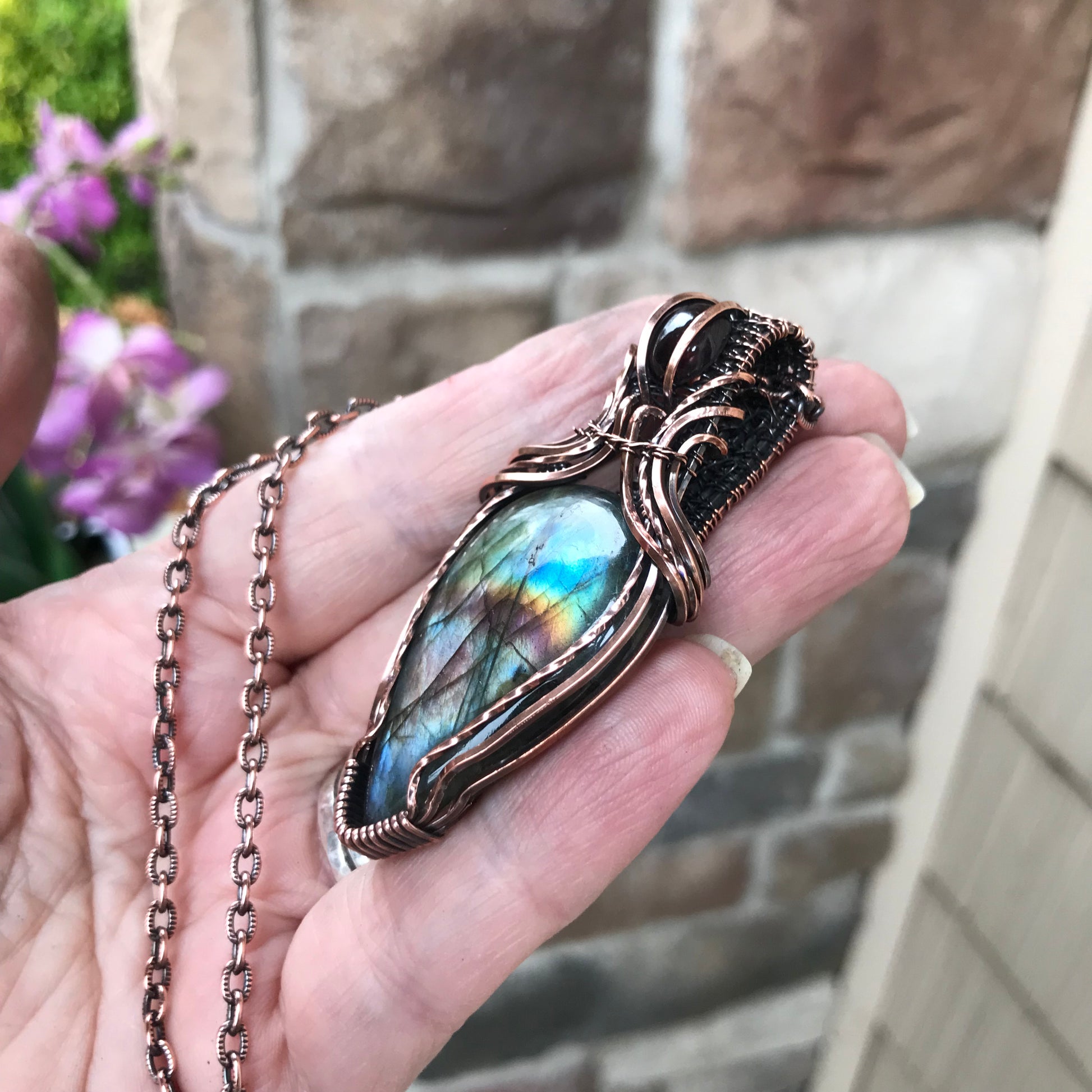 Rainbow Labradorite & Garnet Copper Necklace with Weaving