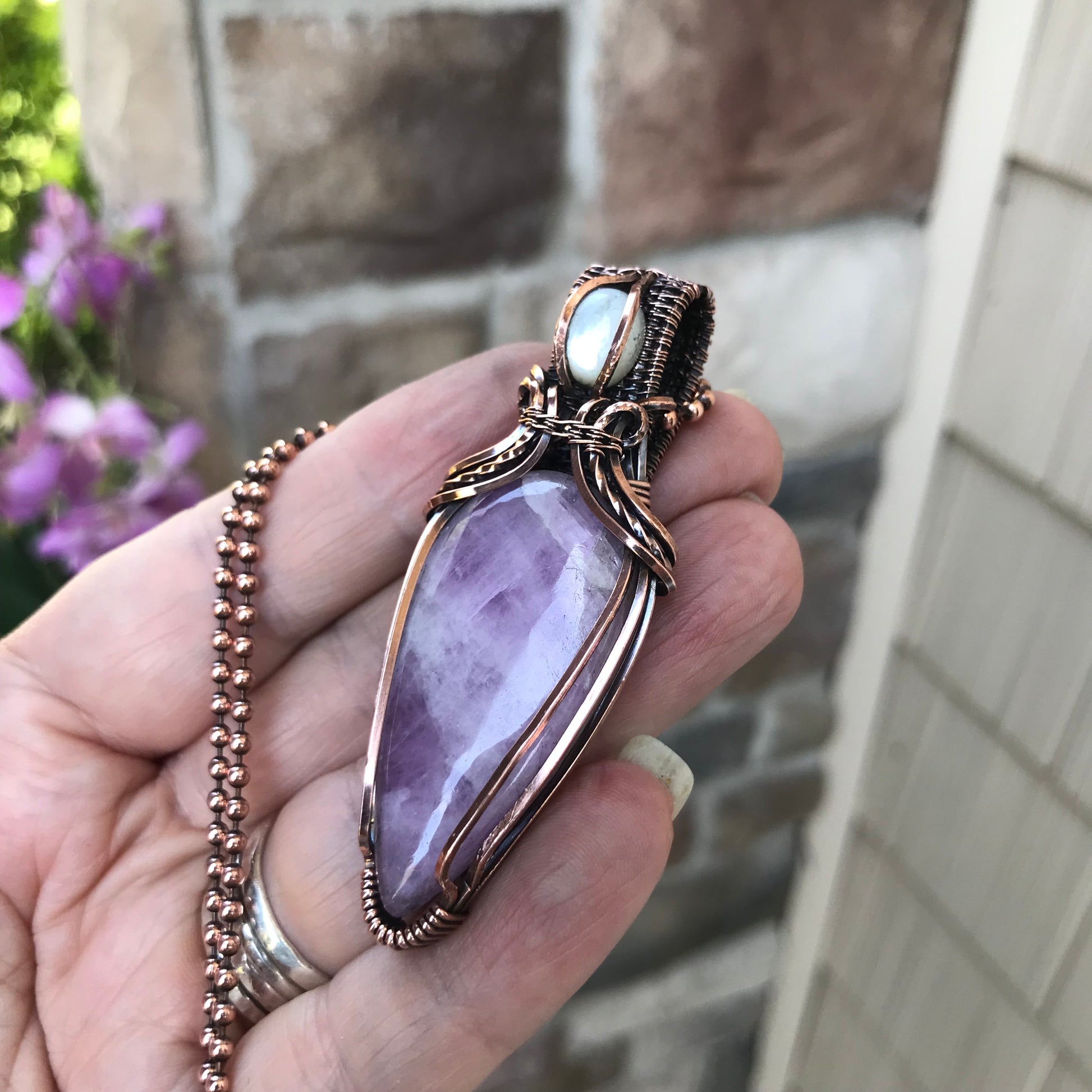 Kunzite & Mother of Pearl Copper Pendant with Weaving