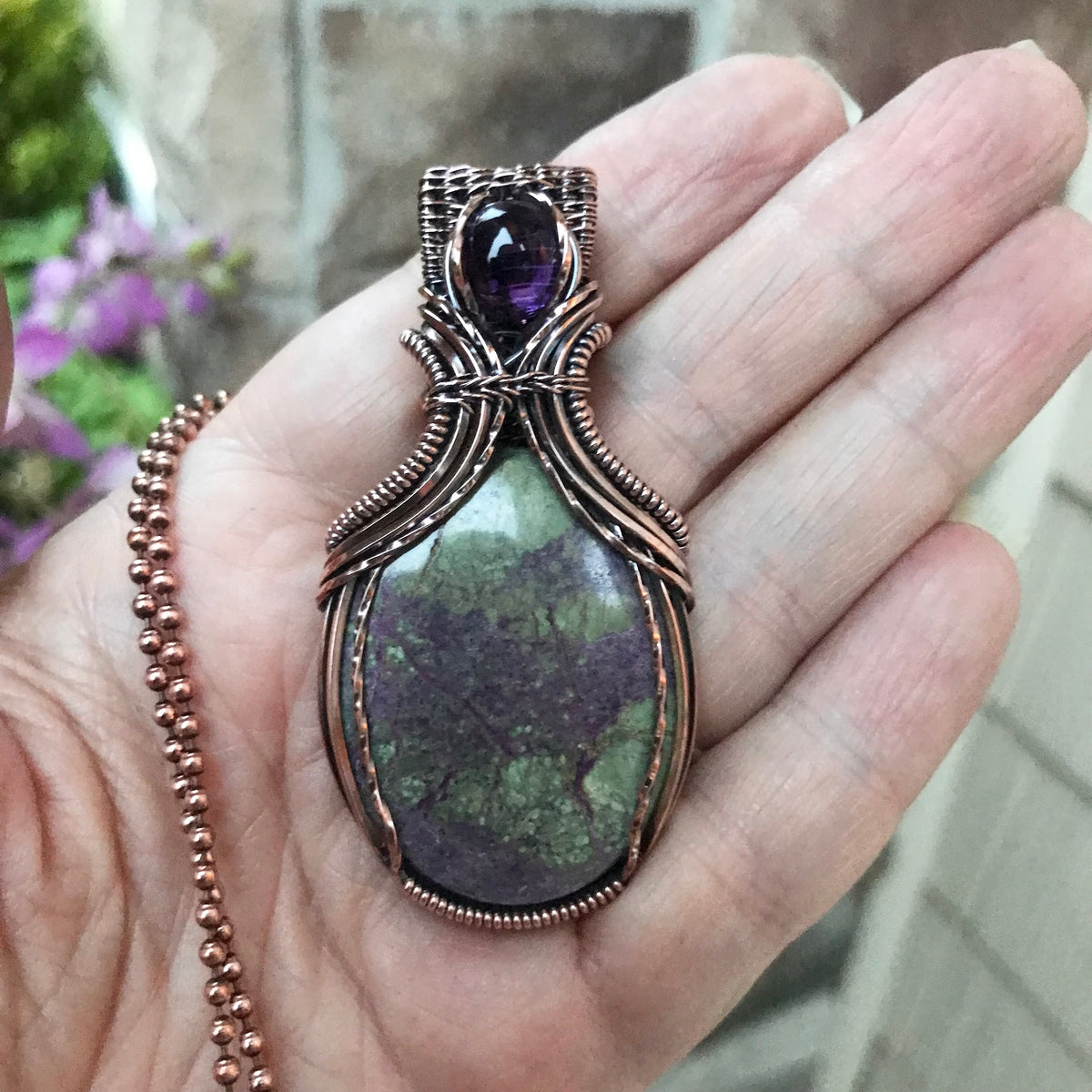 Stichtite & Amethyst Copper Pendant with Weaving