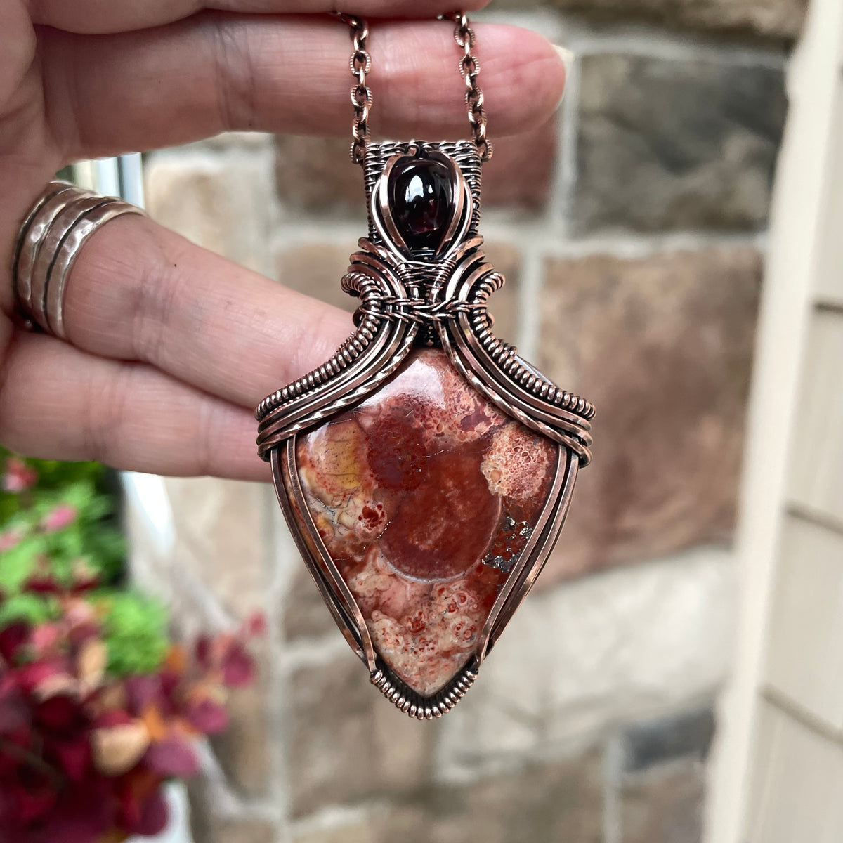 Wild Eye Jasper & Garnet Copper Pendant with Weaving