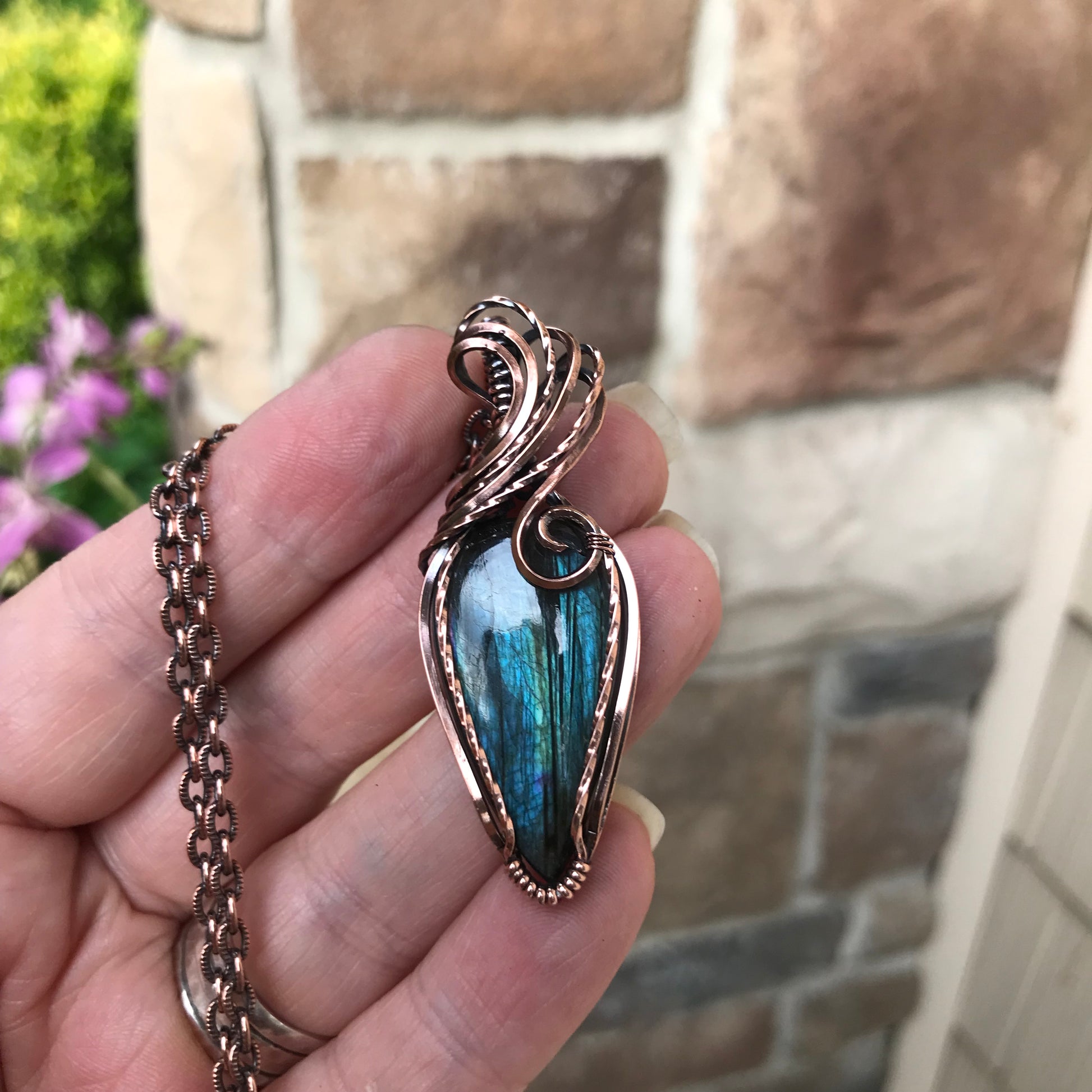 Teal Labradorite Copper Pendant