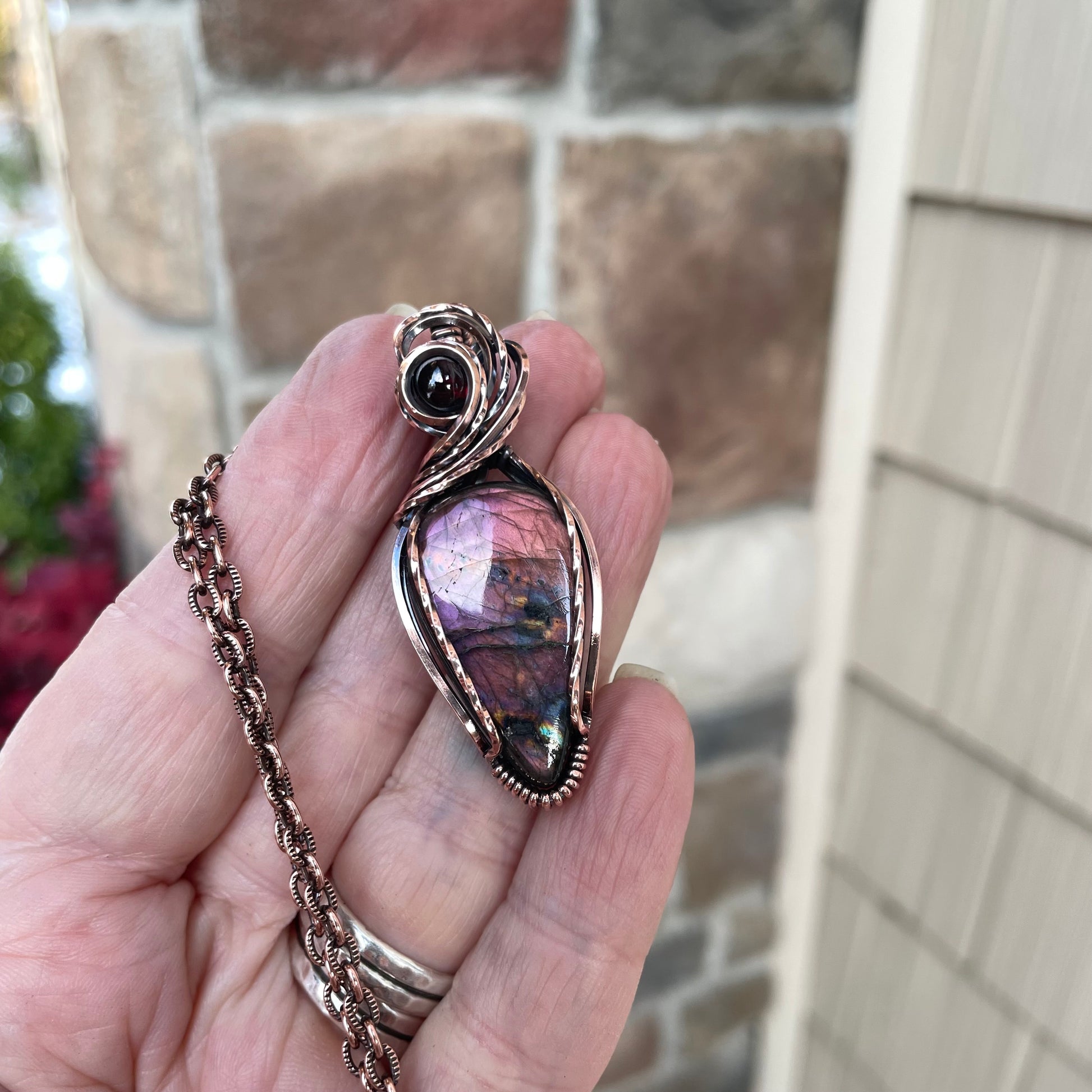 Purple Maroon Labradorite & Garnet Swirly Copper Pendant