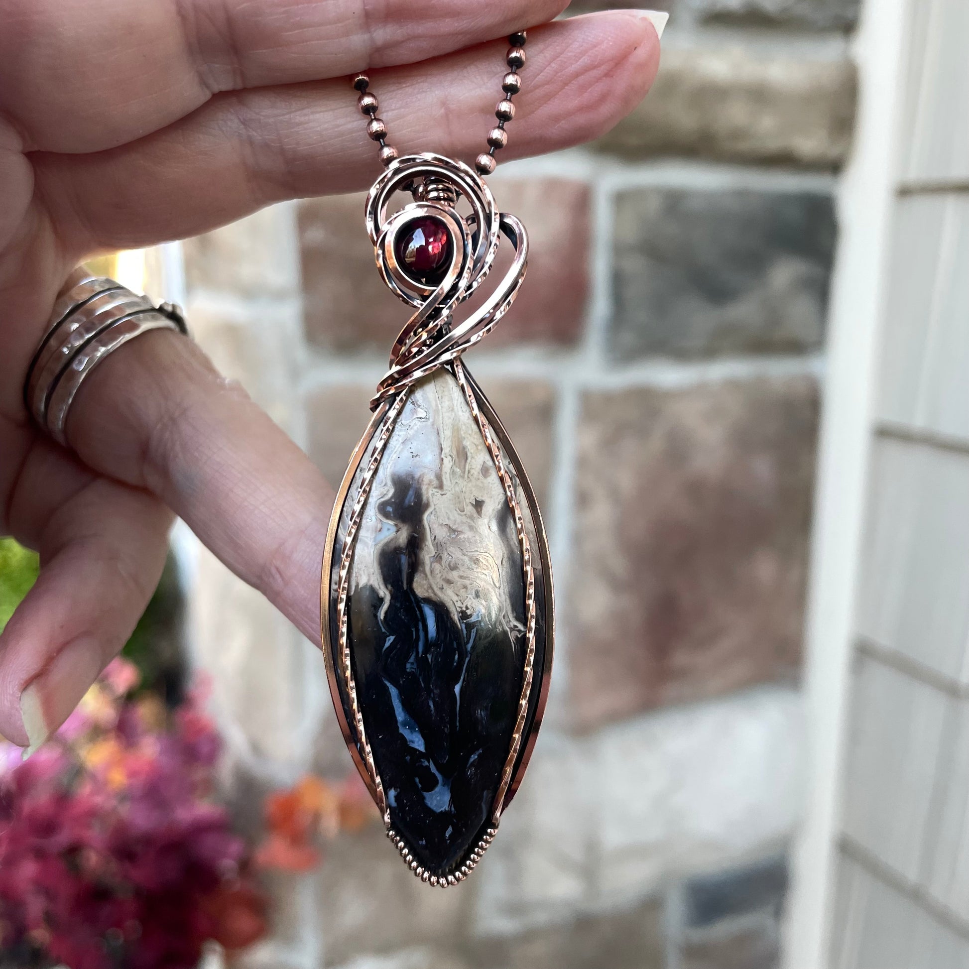 Petrified Palm Wood & Garnet Marquis Copper Necklace