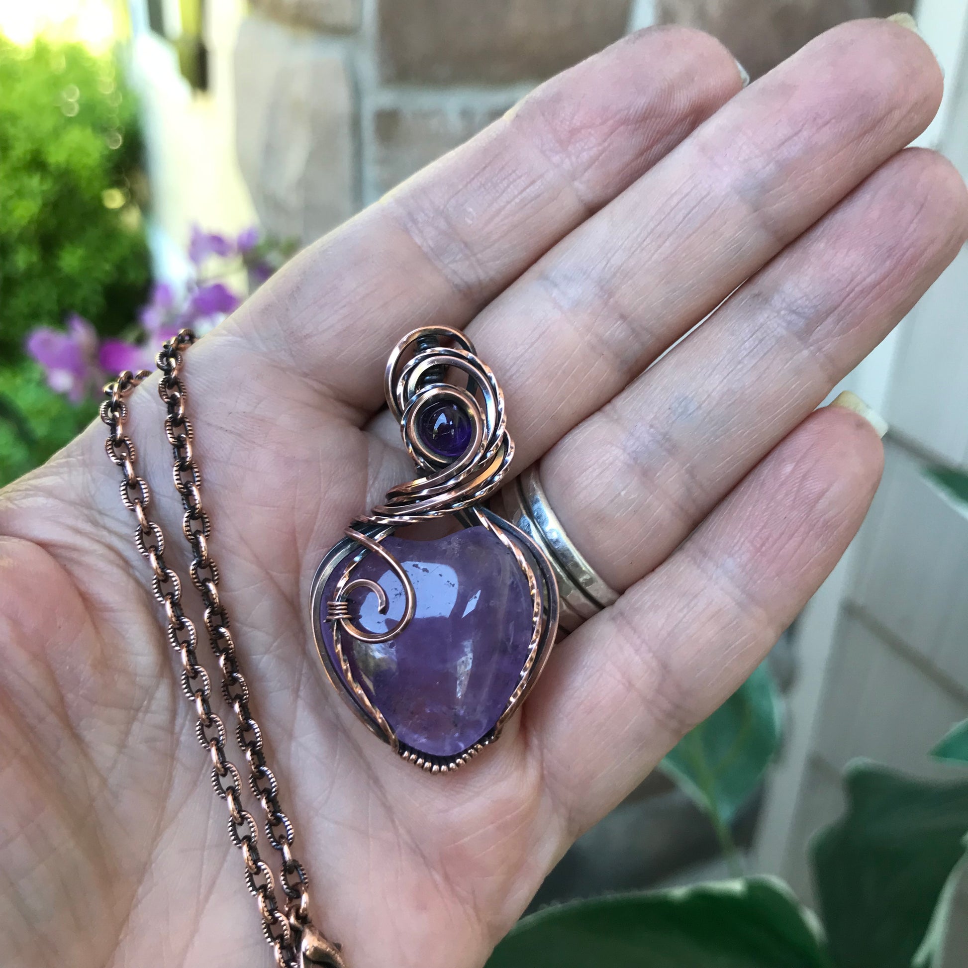 Amethyst Heart with Amethyst Accent Copper Pendant