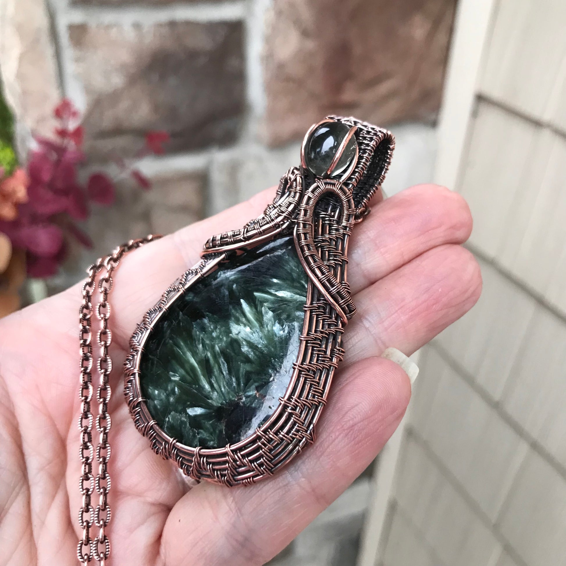 Seraphinite & Prasiolite Woven Pendant