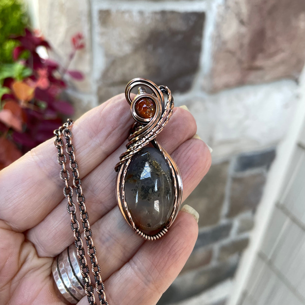 Graveyard Point Plume Agate & Sunstone Copper Necklace