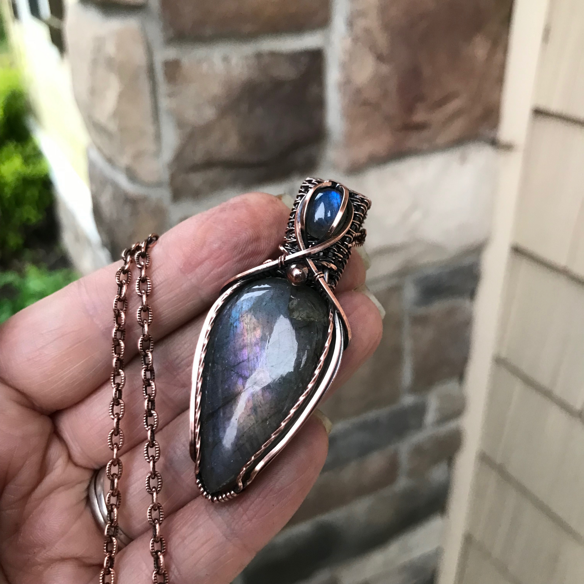 Rainbow Blue Labradorite Copper Pendant with Woven Bail