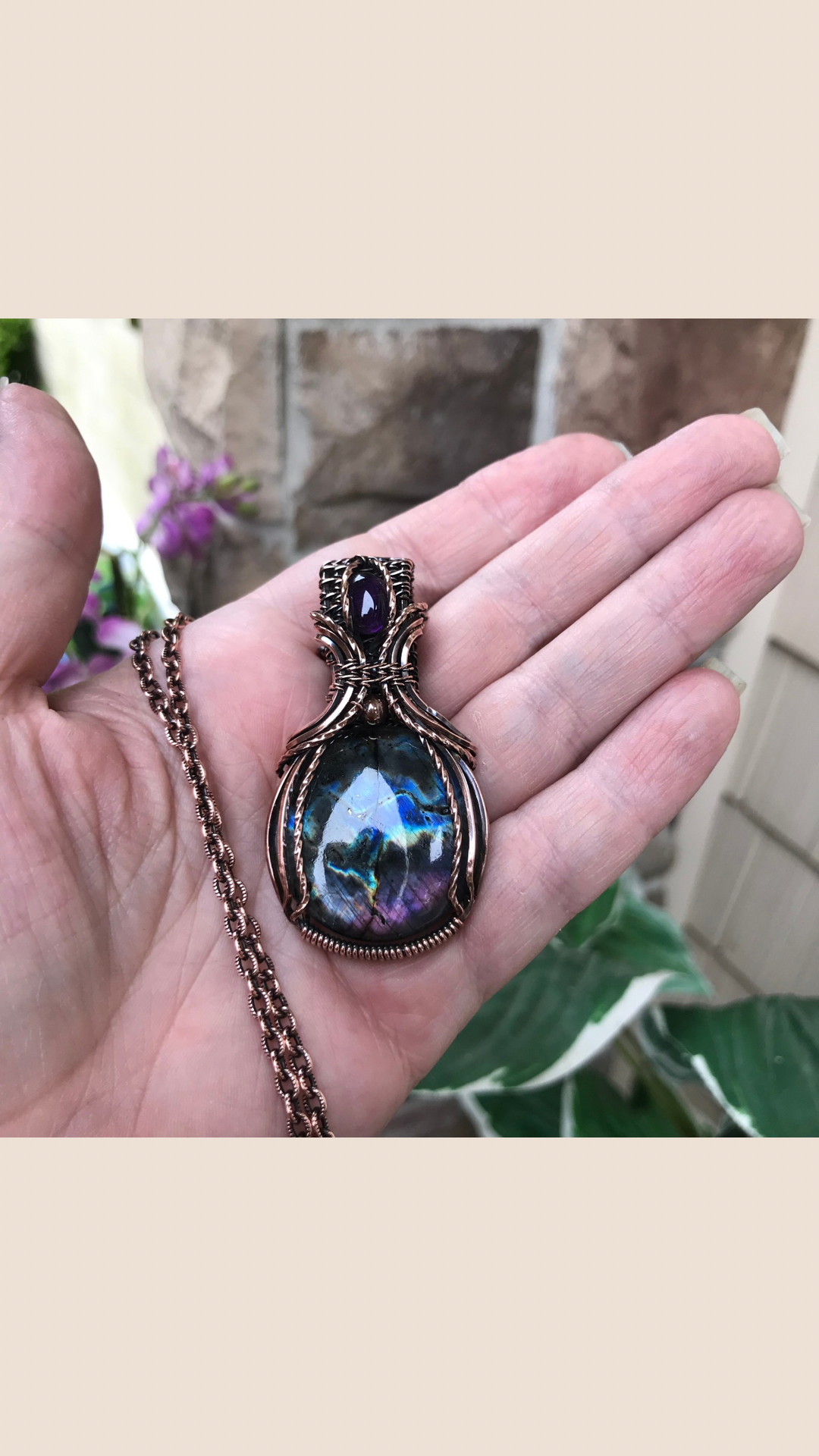 Purple Blue Labradorite & Amethyst Copper Necklace with Weaving