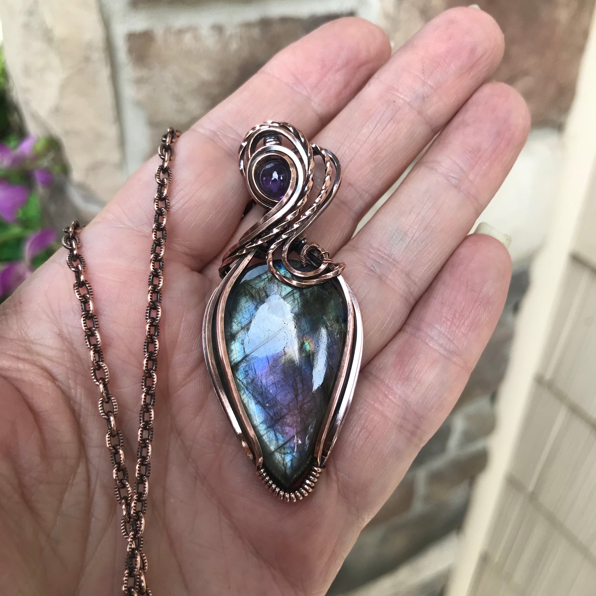 Blue Purple Labradorite & Amethyst Large Copper Pendant