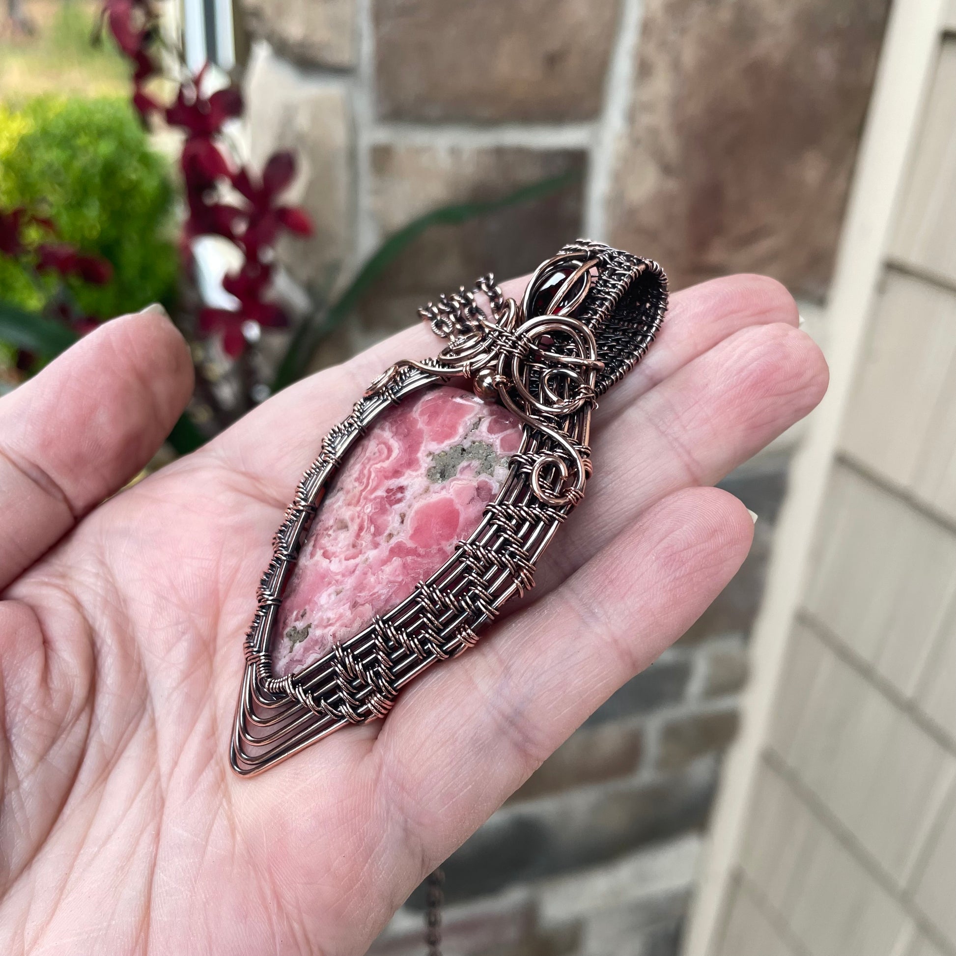 Rhodochrosite & Garnet Woven Copper Pendant