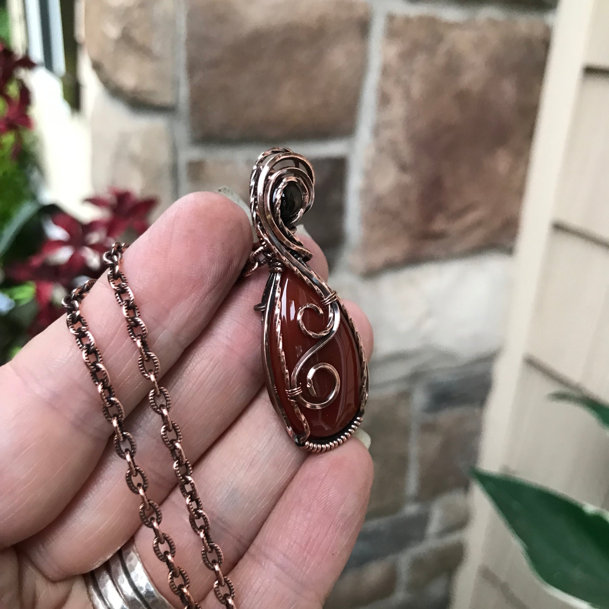 Carnelian & Smoky Quartz Teardrop Copper Pendant