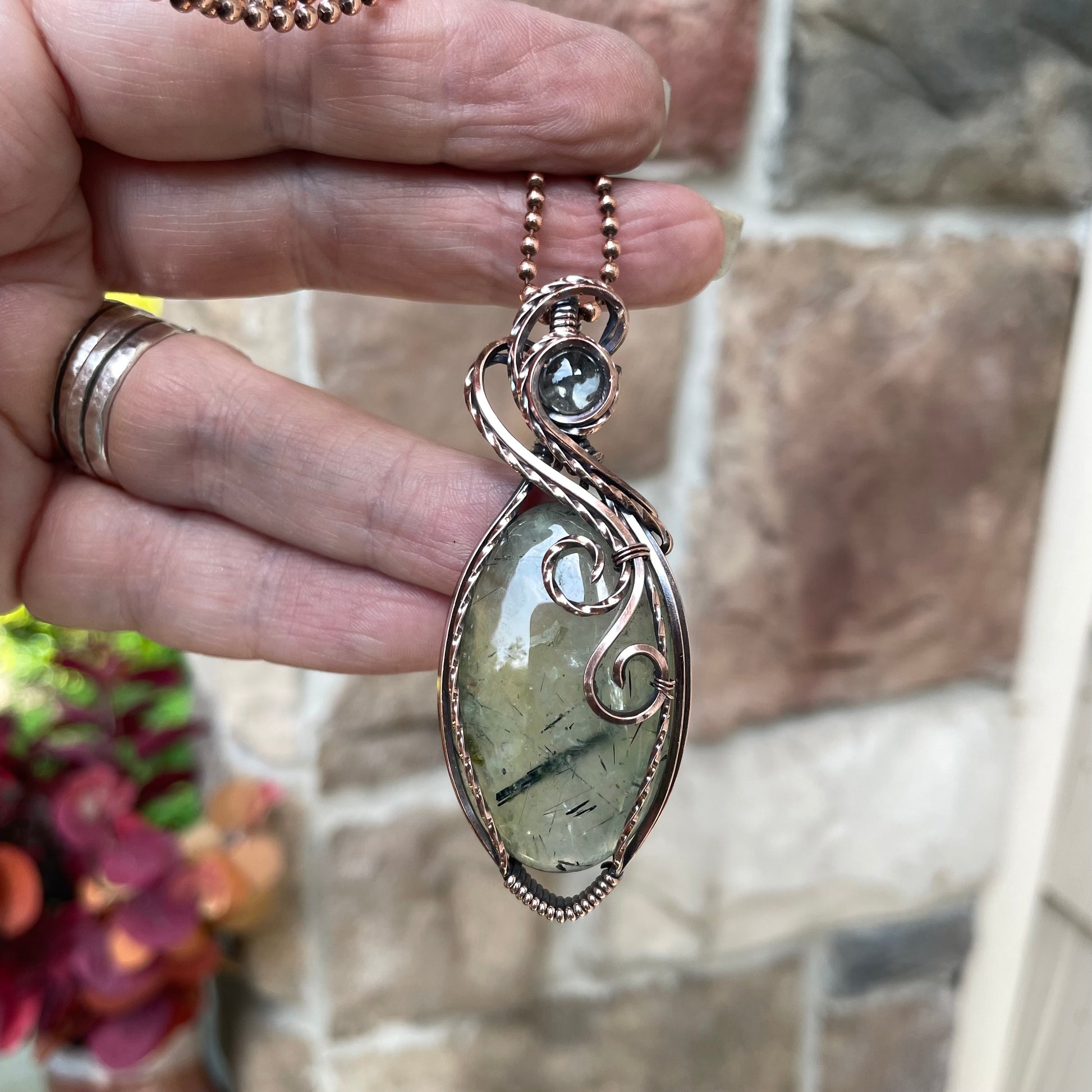 Prehnite & Prasiolite Swirly Copper Pendant