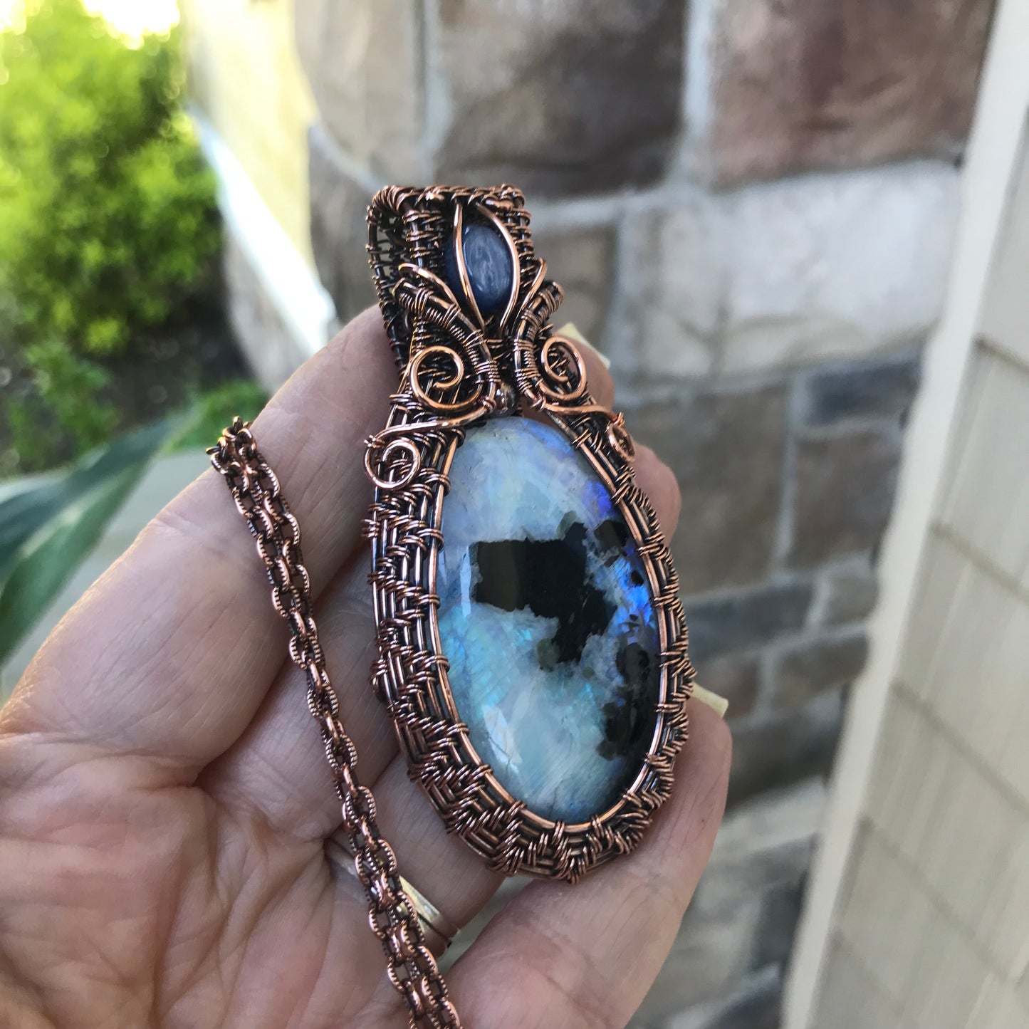 (RESERVED FOR SC) Rainbow Blue Moonstone & Kyanite Copper Necklace