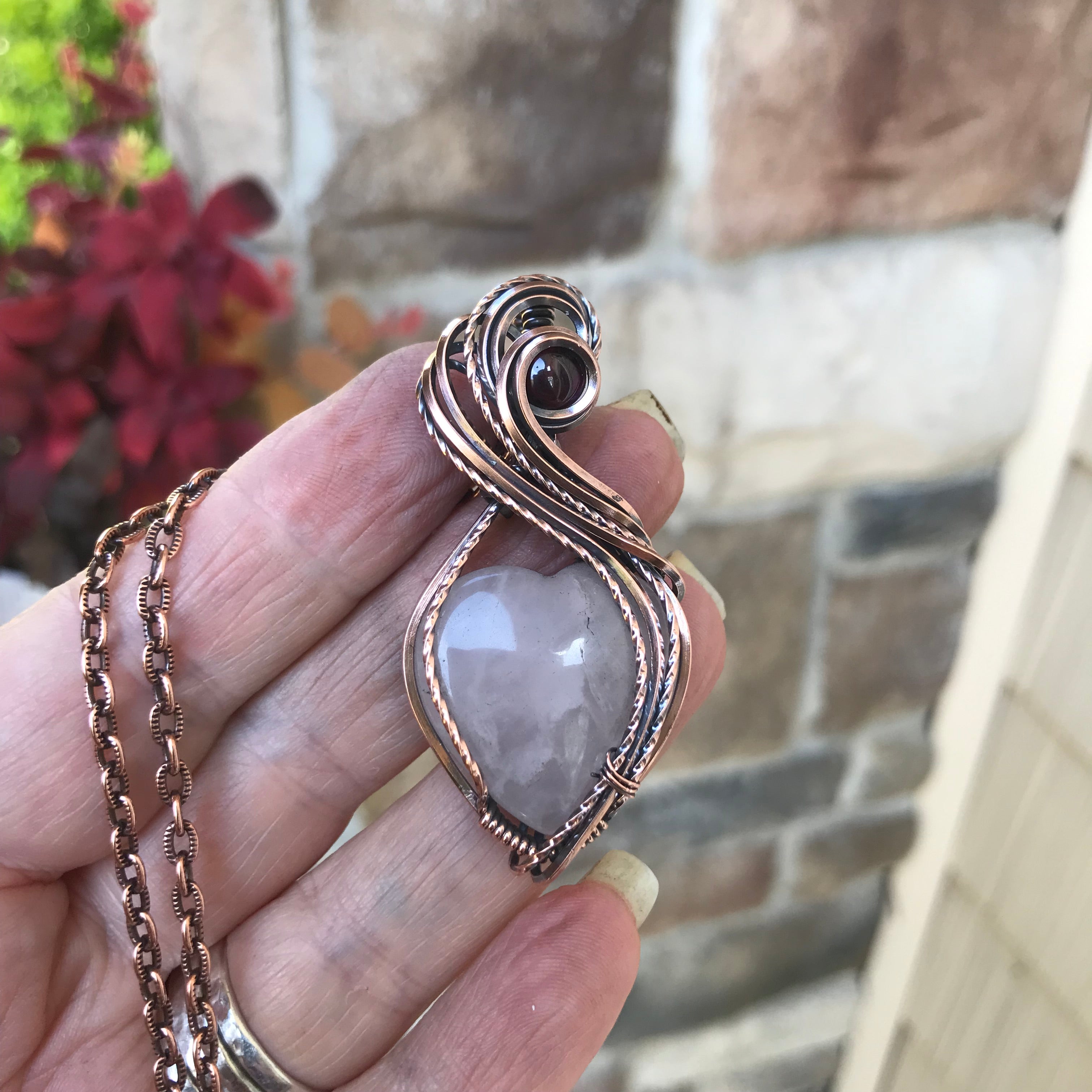 Rose Quartz with Garnet Heart Copper Pendant