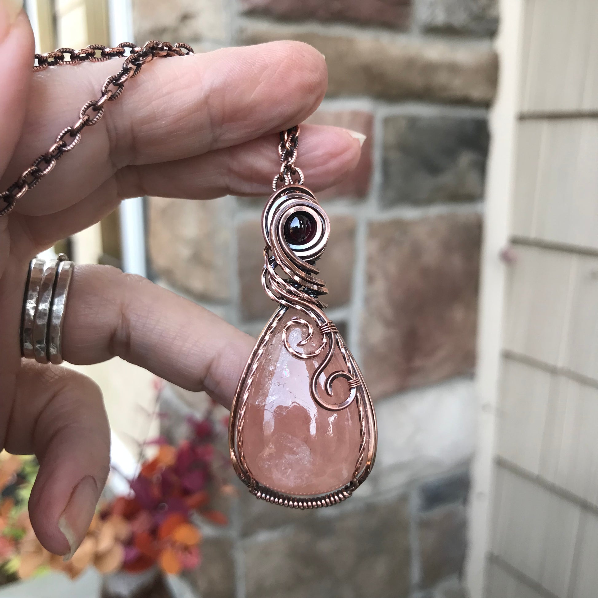 Morganite & Garnet Copper Pendant