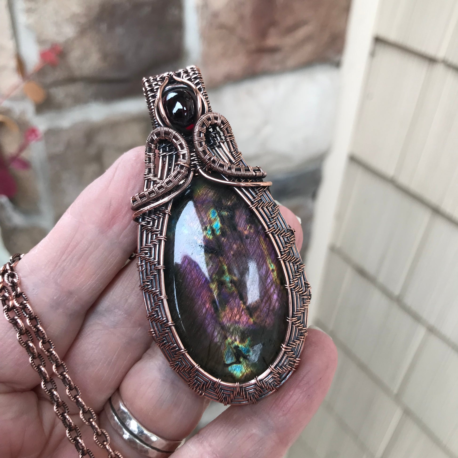 Purple Maroon Labradorite & Garnet Woven Copper Pendant