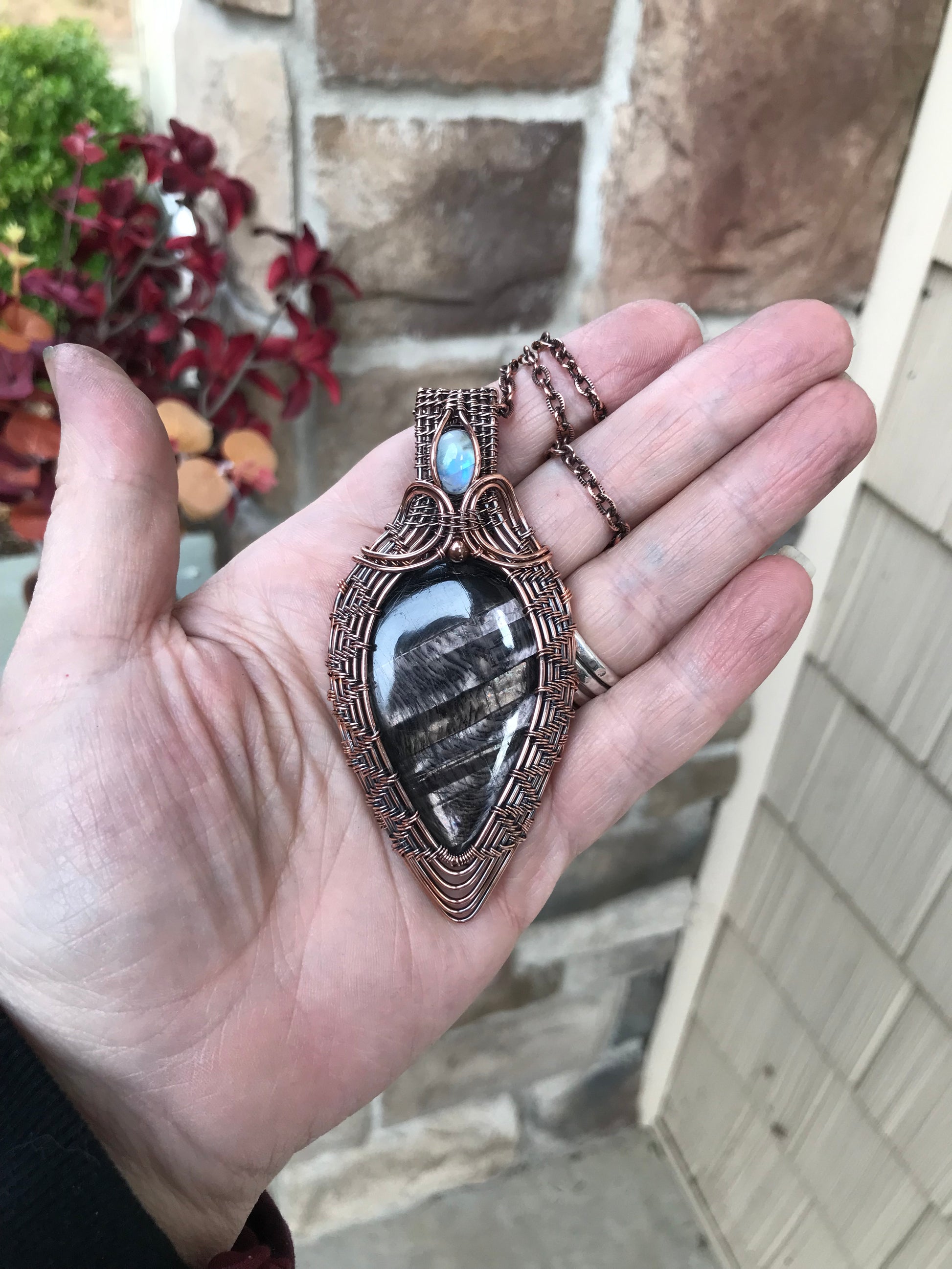 Hypersthene & Moonstone Woven Pendant