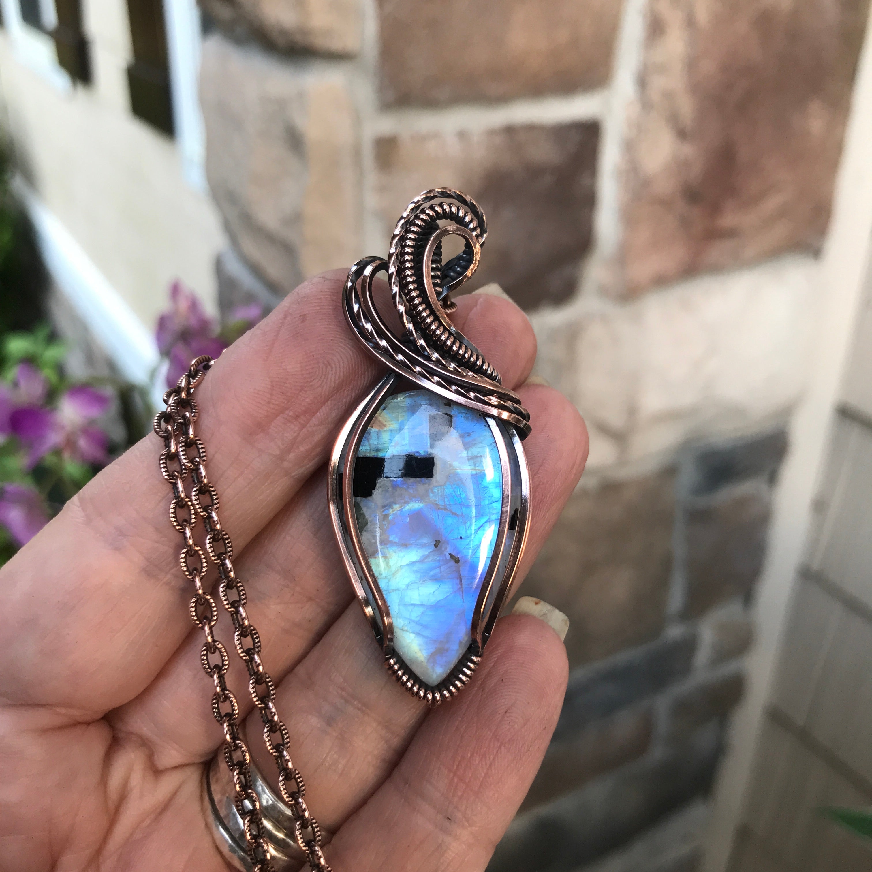 Rainbow Moonstone with Black Tourmaline Copper Pendant