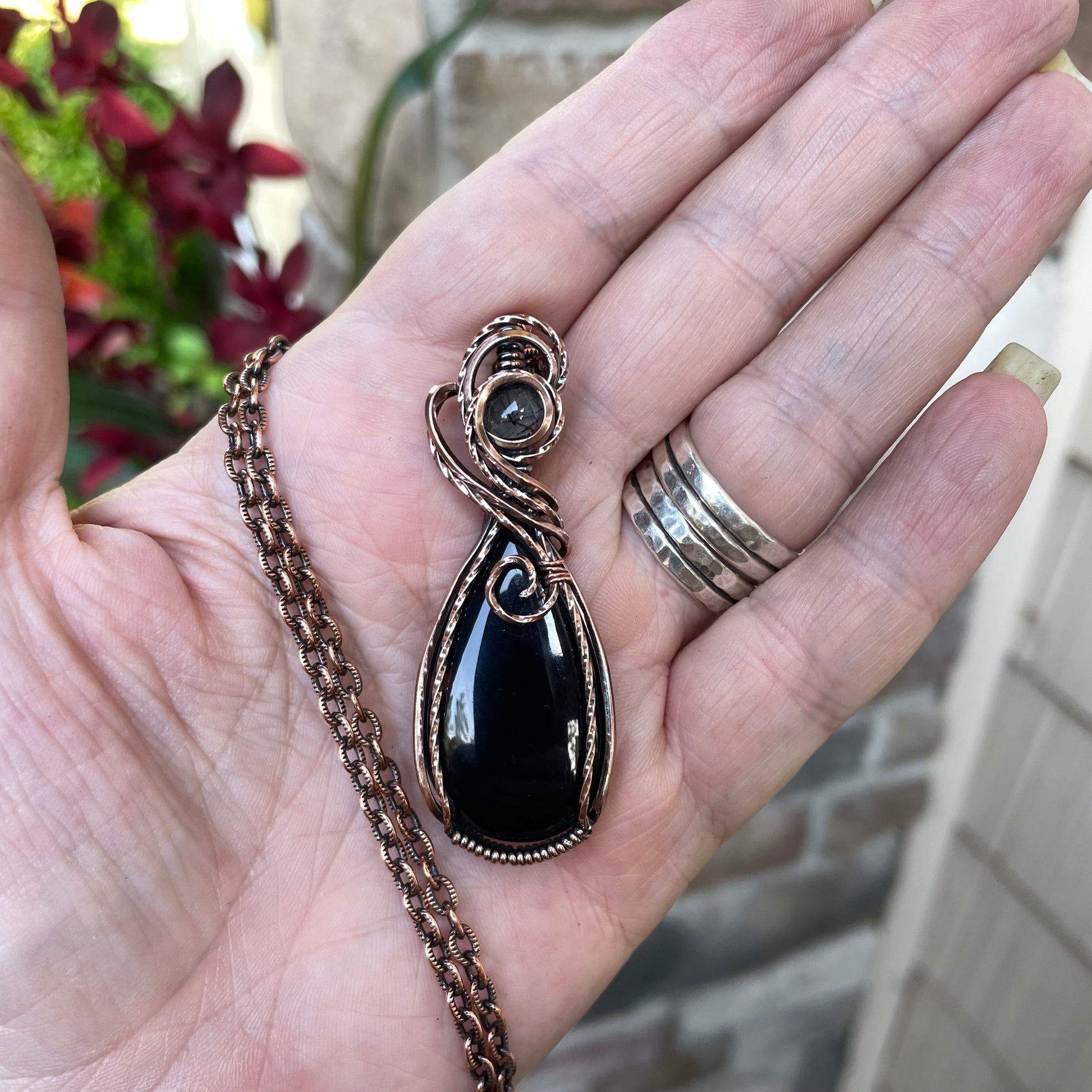 Black Onyx with Black Rutile Quartz Copper Necklace