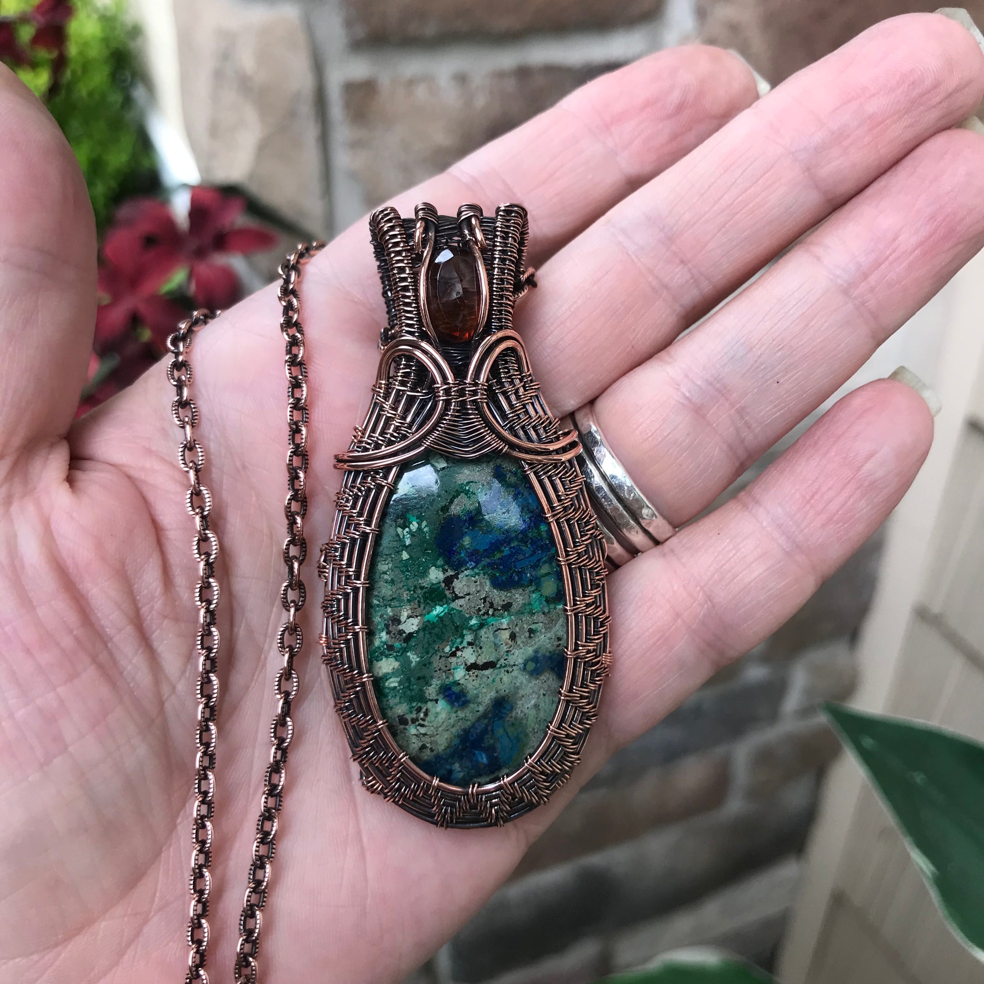 Azurite & Hessonite Garnet Woven Copper Pendant