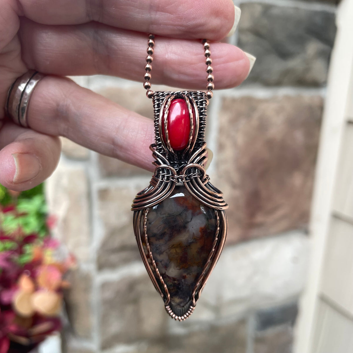 Red Moss Agate & Coral Copper Pendant with Weaving