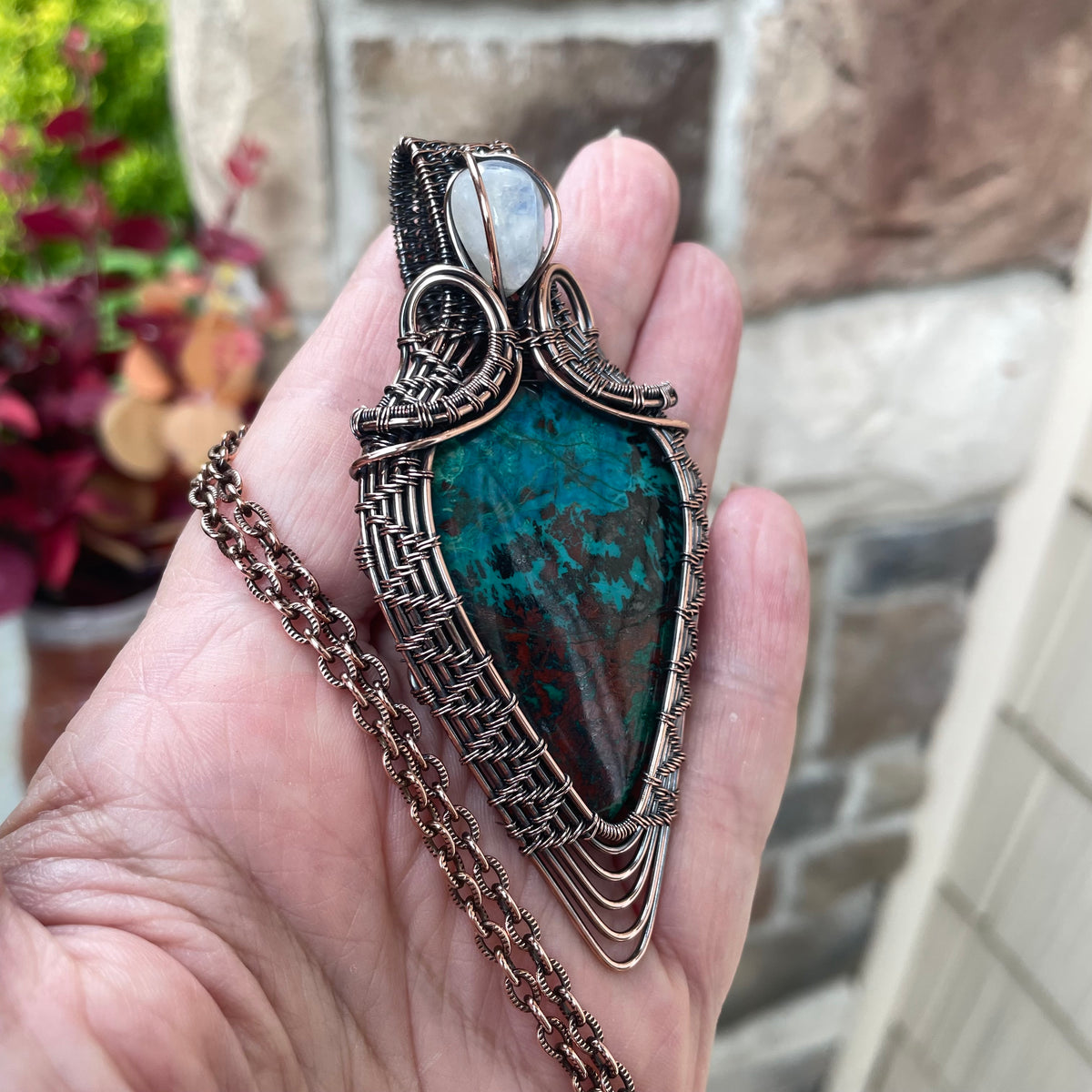 Chrysocolla & Moonstone Woven Statement Pendant