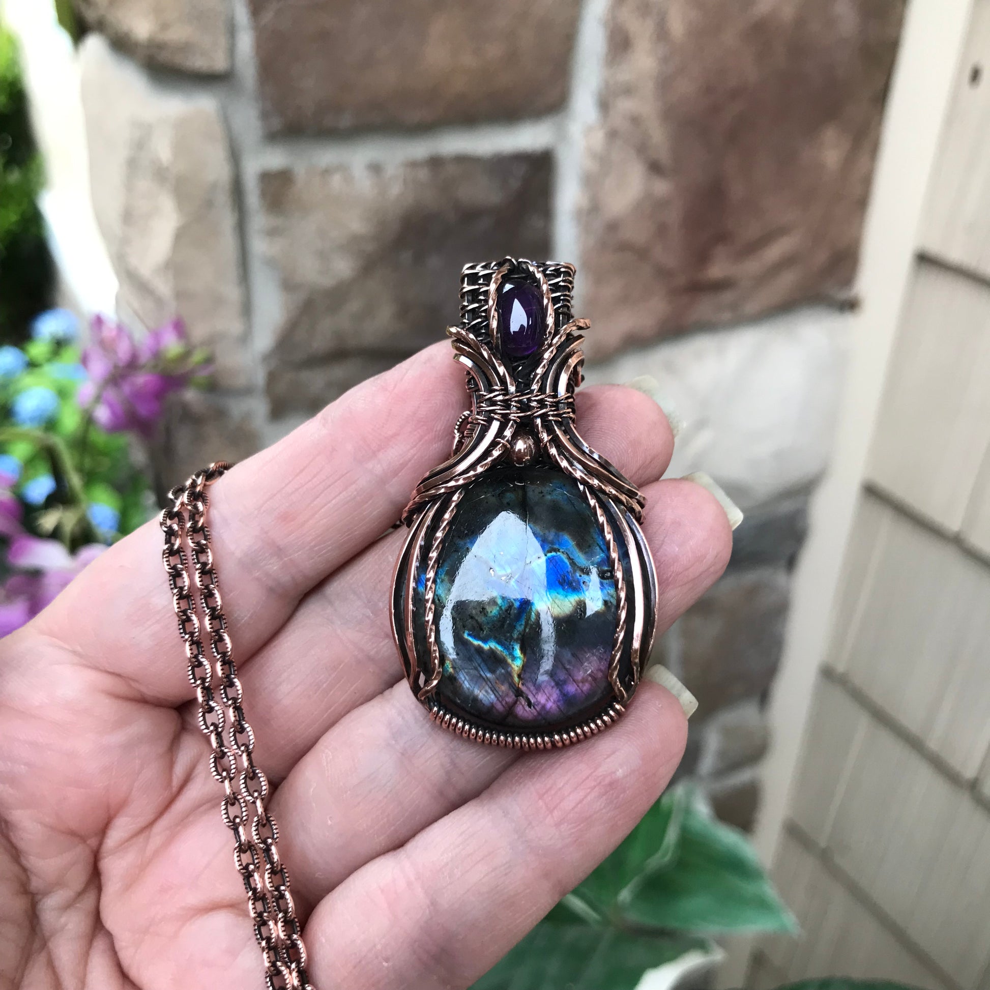 Purple Blue Labradorite & Amethyst Copper Necklace with Weaving