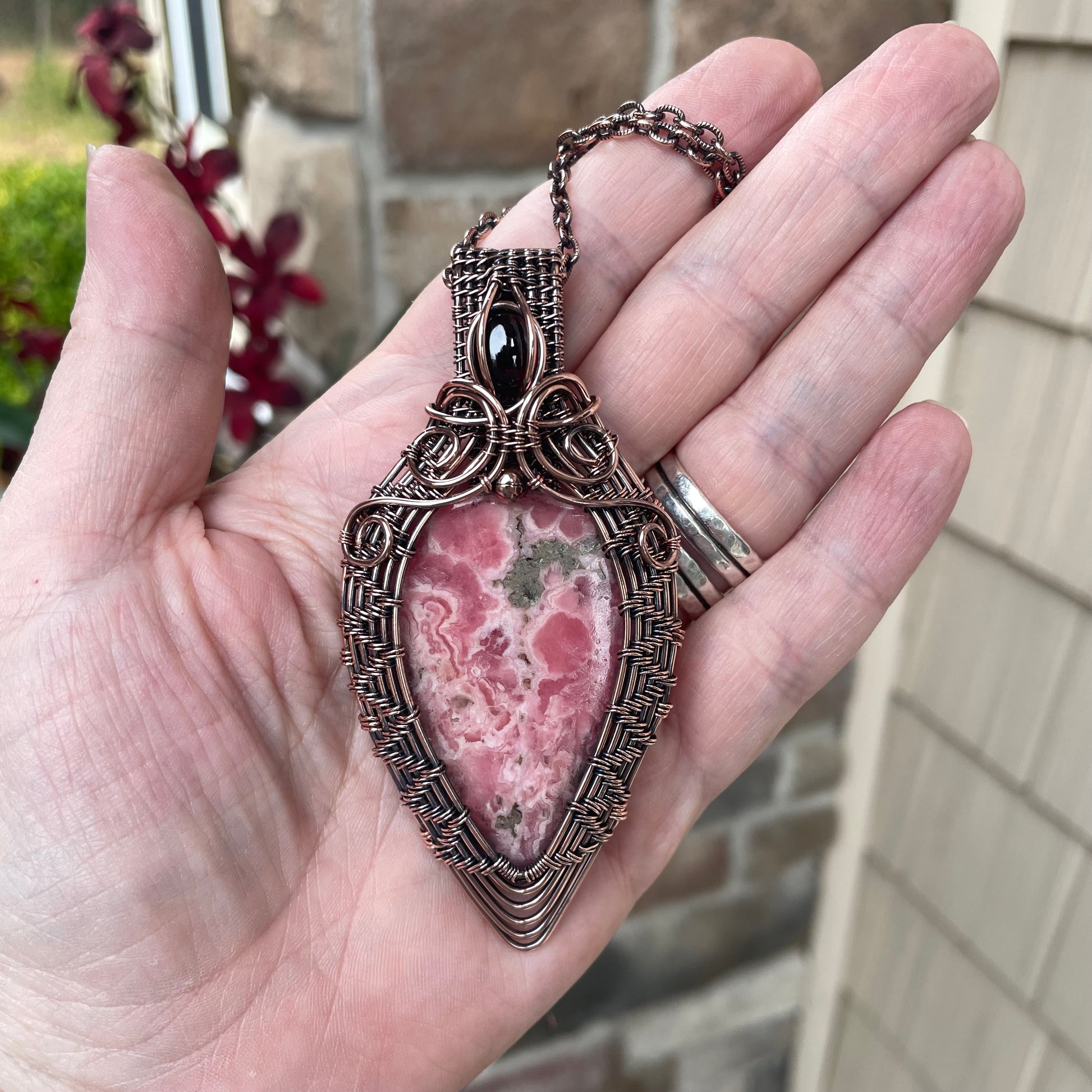 Rhodochrosite & Garnet Woven Copper Pendant